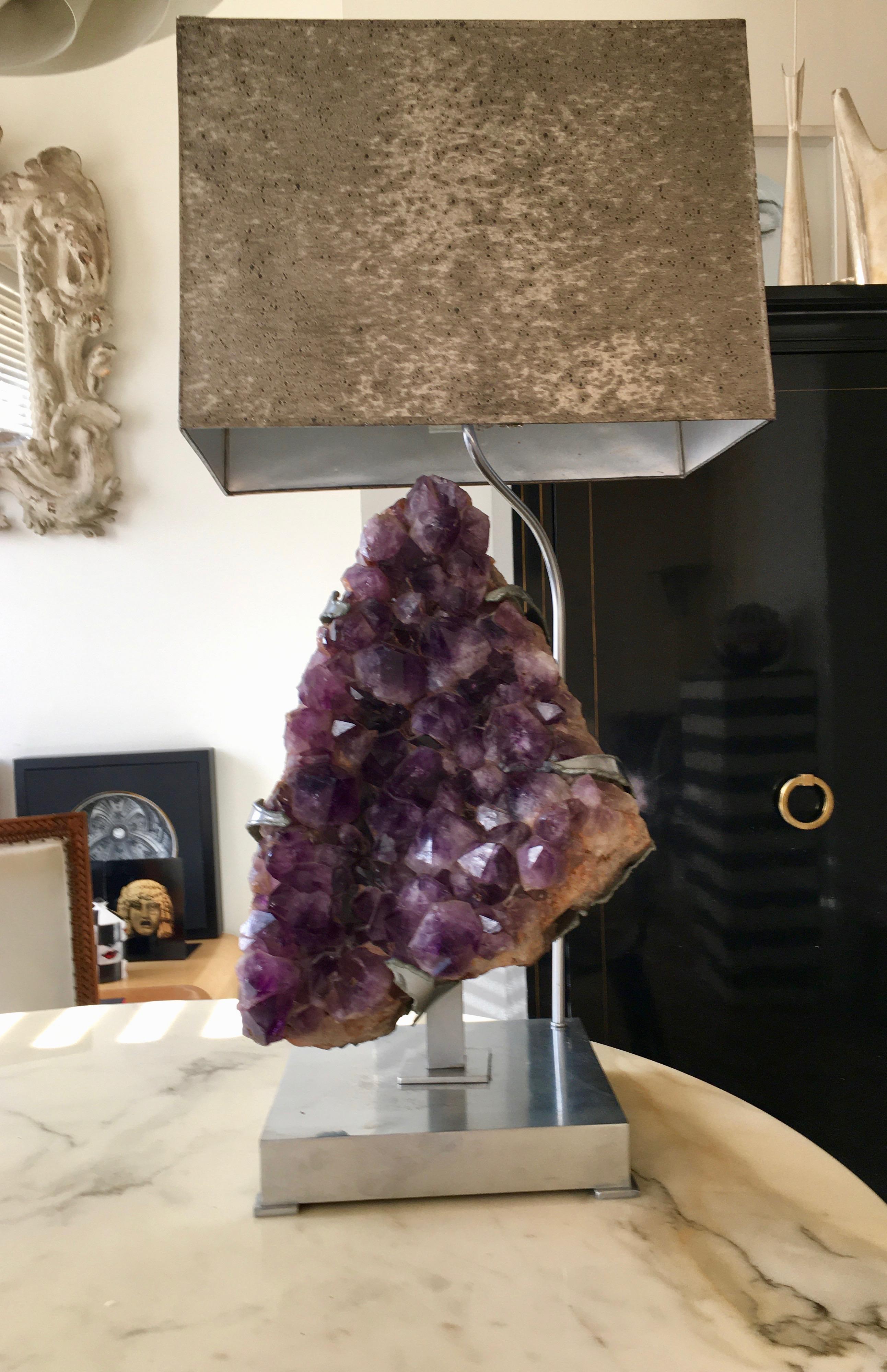 Metal Spectacular Amethyst Geode Table Lamp by Willy Daro, Belgium 1968 For Sale