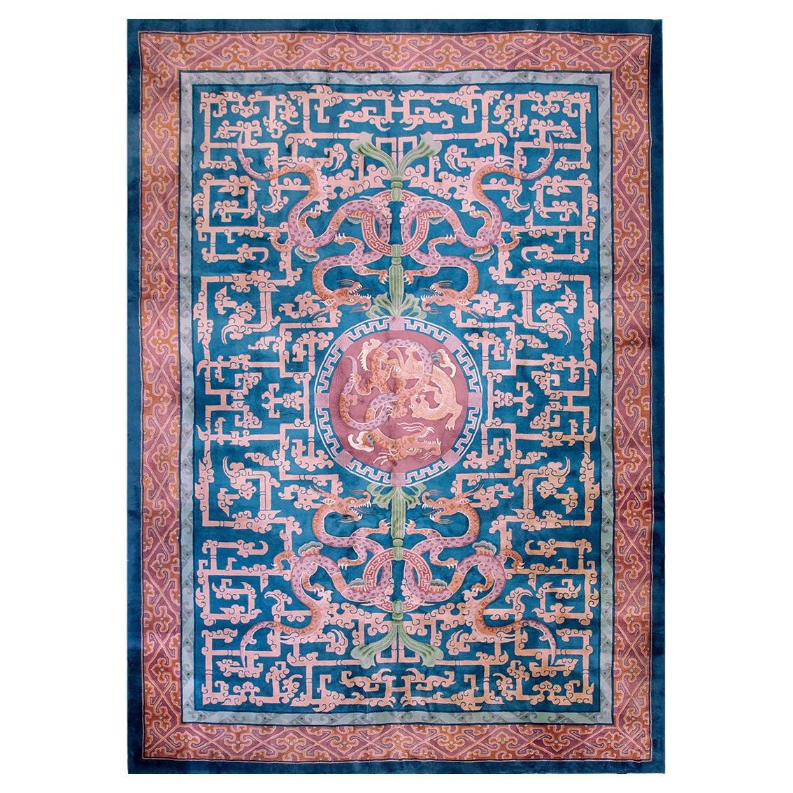 Spectacular and Animalistic Blue and Sienna Color Chinese Art Deco Rug For Sale