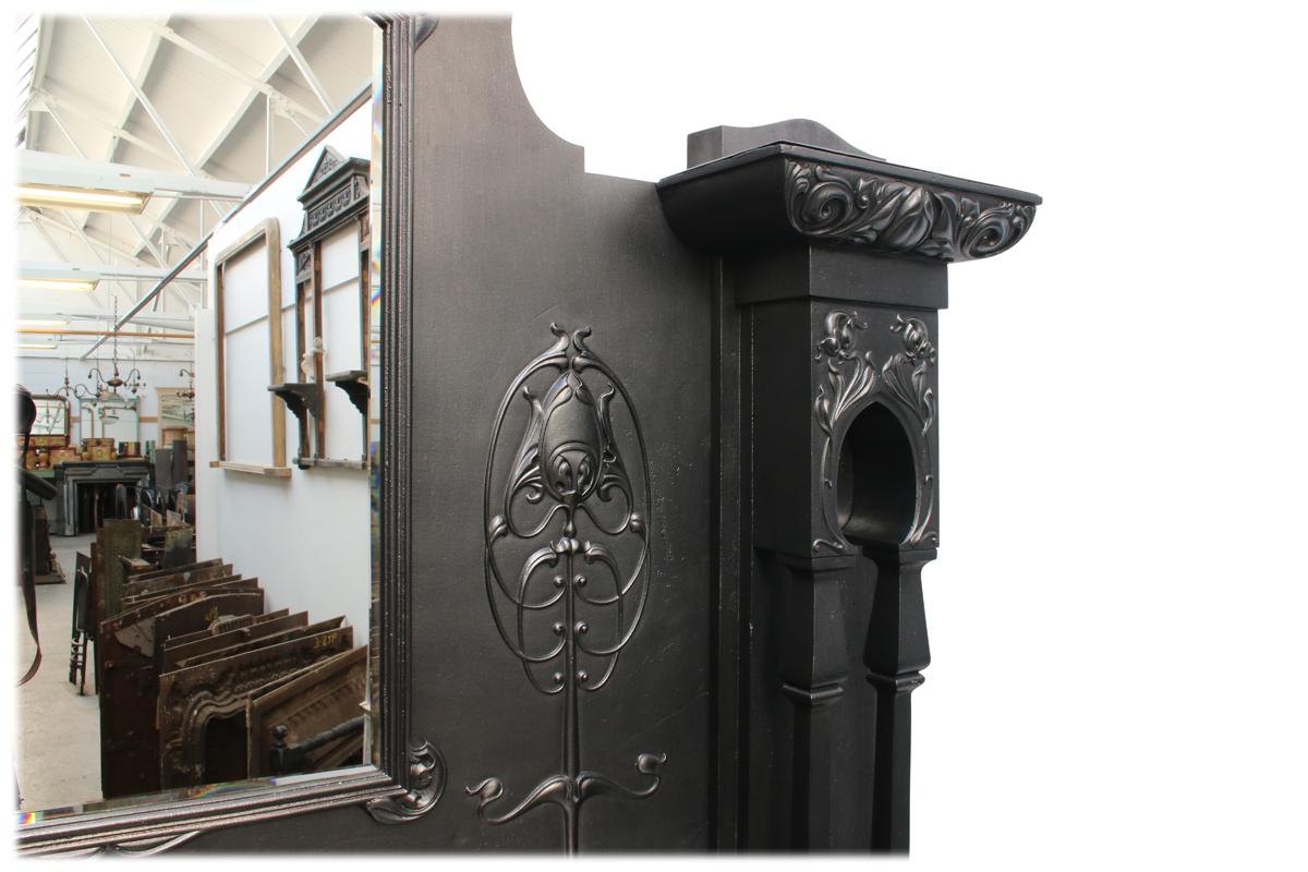 English Spectacular and Rare Tall Art Nouveau Edwardian Cast Iron Fireplace Surround