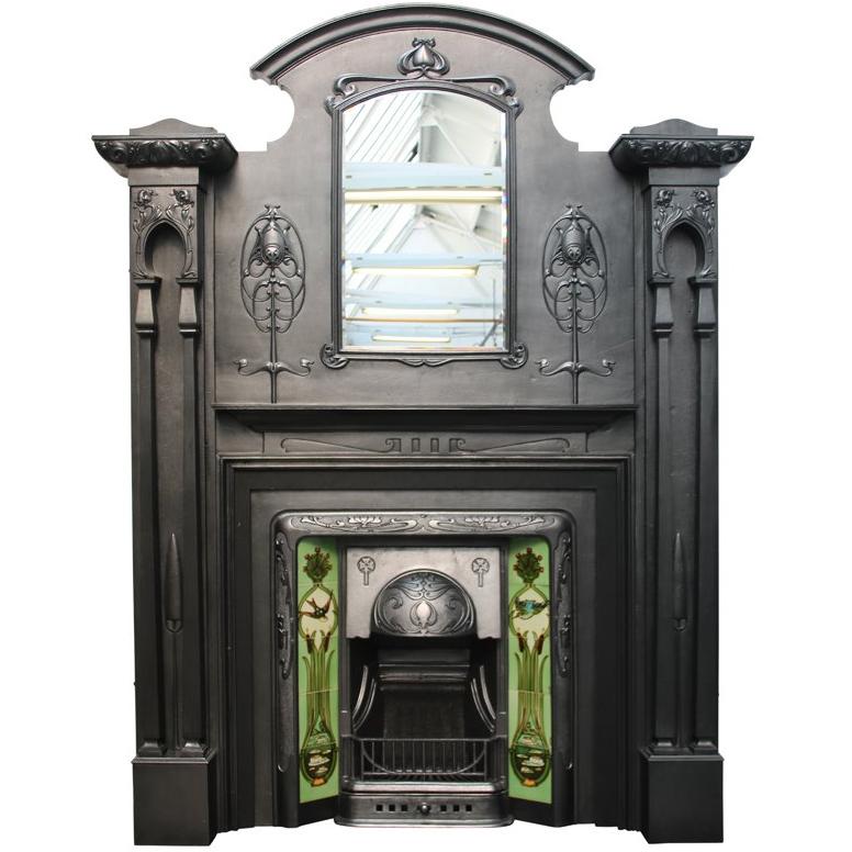 Spectacular and Rare Tall Art Nouveau Edwardian Cast Iron Fireplace Surround