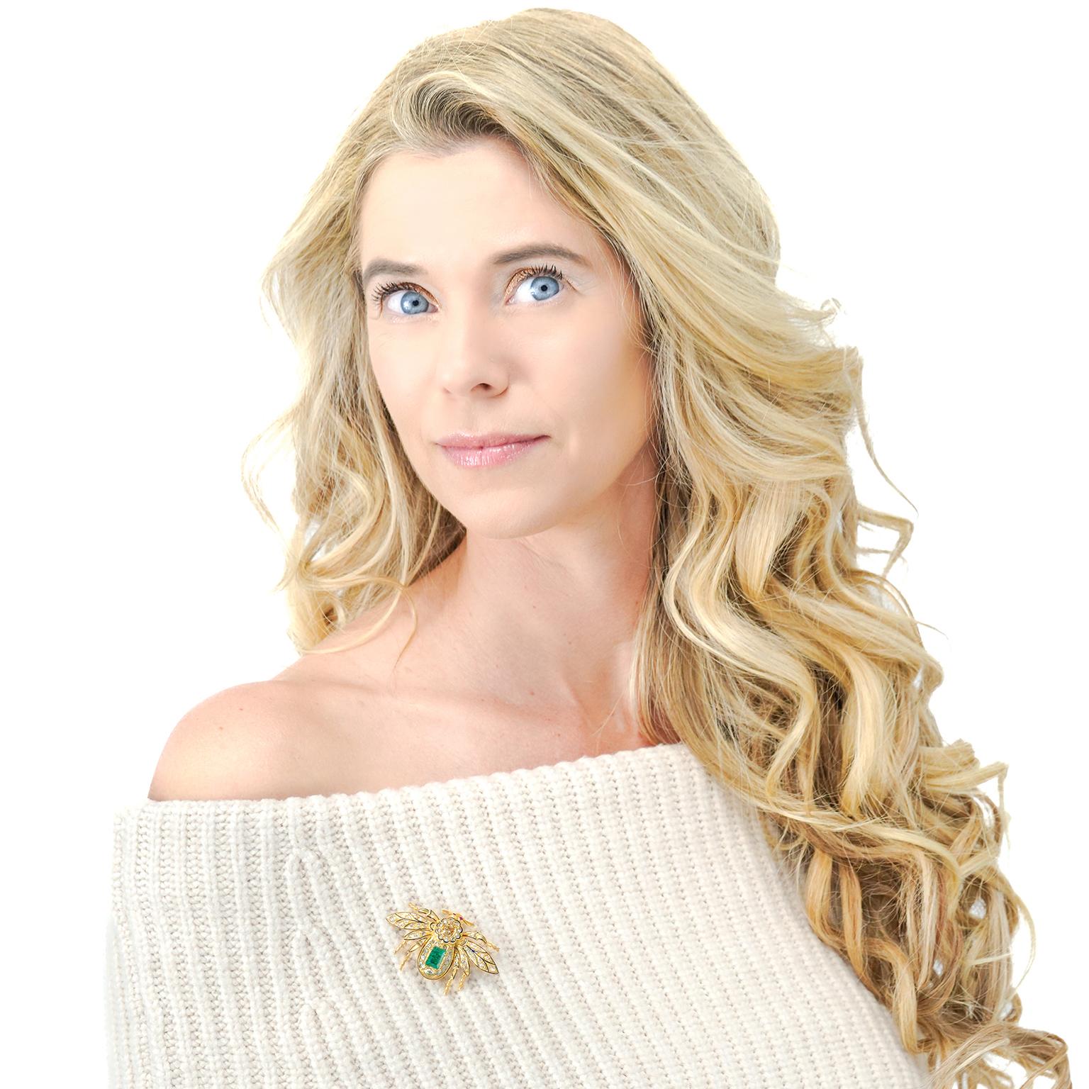 Circa 1870s, 14k.  Set with 2.0 carats of rosecut diamonds, a .75 carat cognac diamond (Fancy orangey brown), black enamel, and a 1.50 carat emerald, this fashionably refined 150-year-old Bee brooch is vintage chic at its antique best. Well-made in
