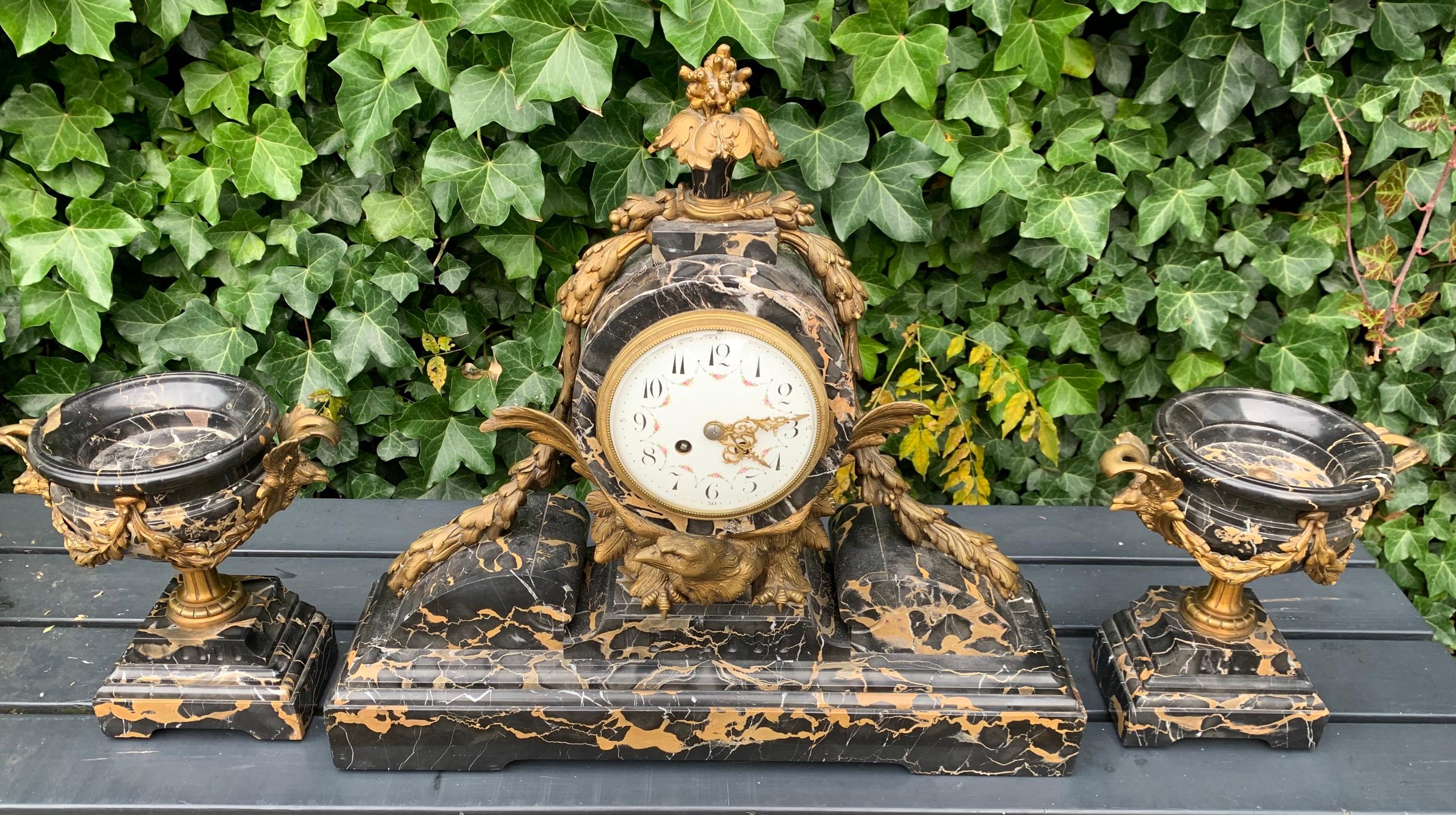 Antique Bronze and Stunning Marble Clock Garniture with Eagle Sculptures For Sale 6