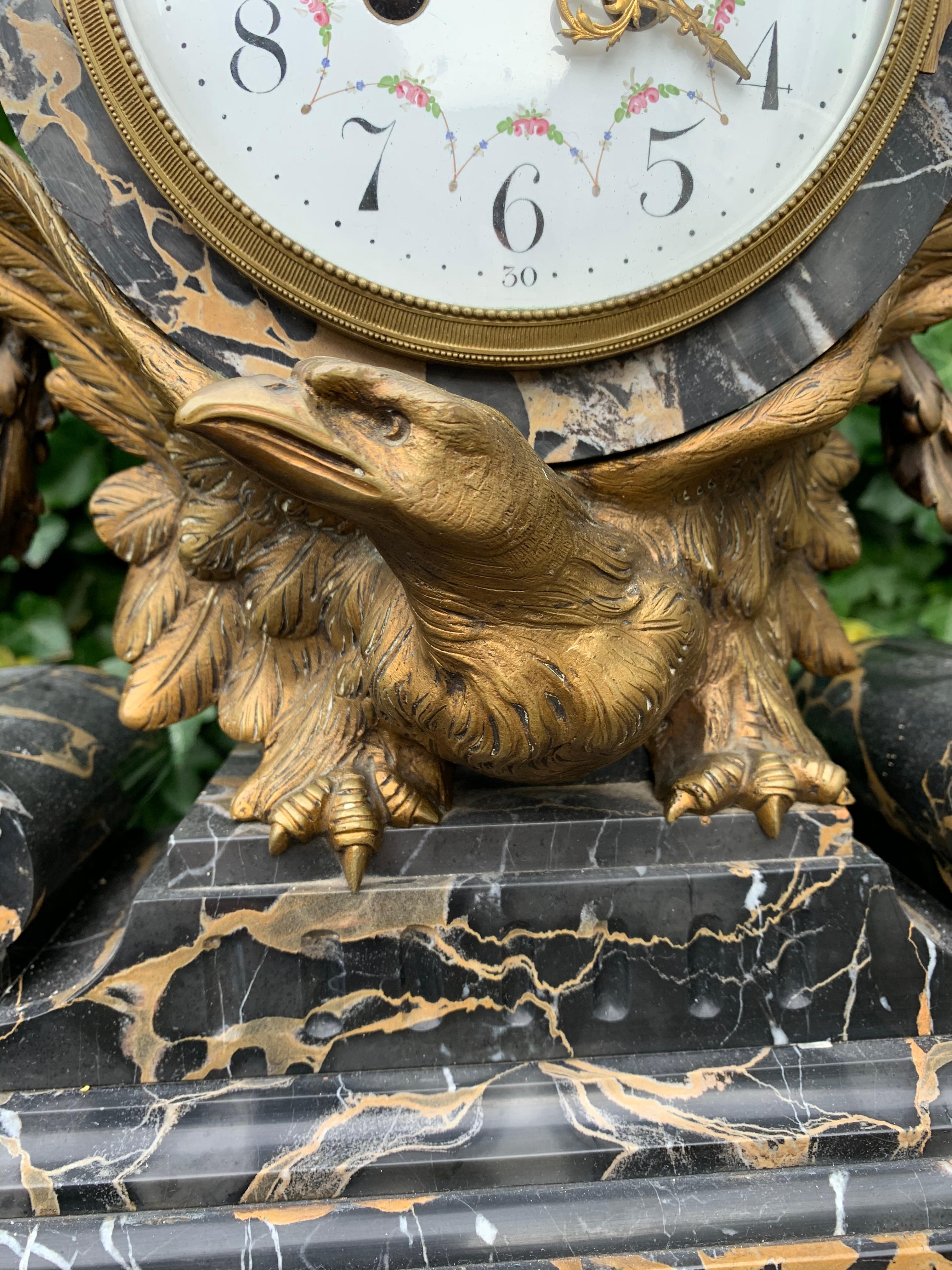 Antique Bronze and Stunning Marble Clock Garniture with Eagle Sculptures For Sale 9