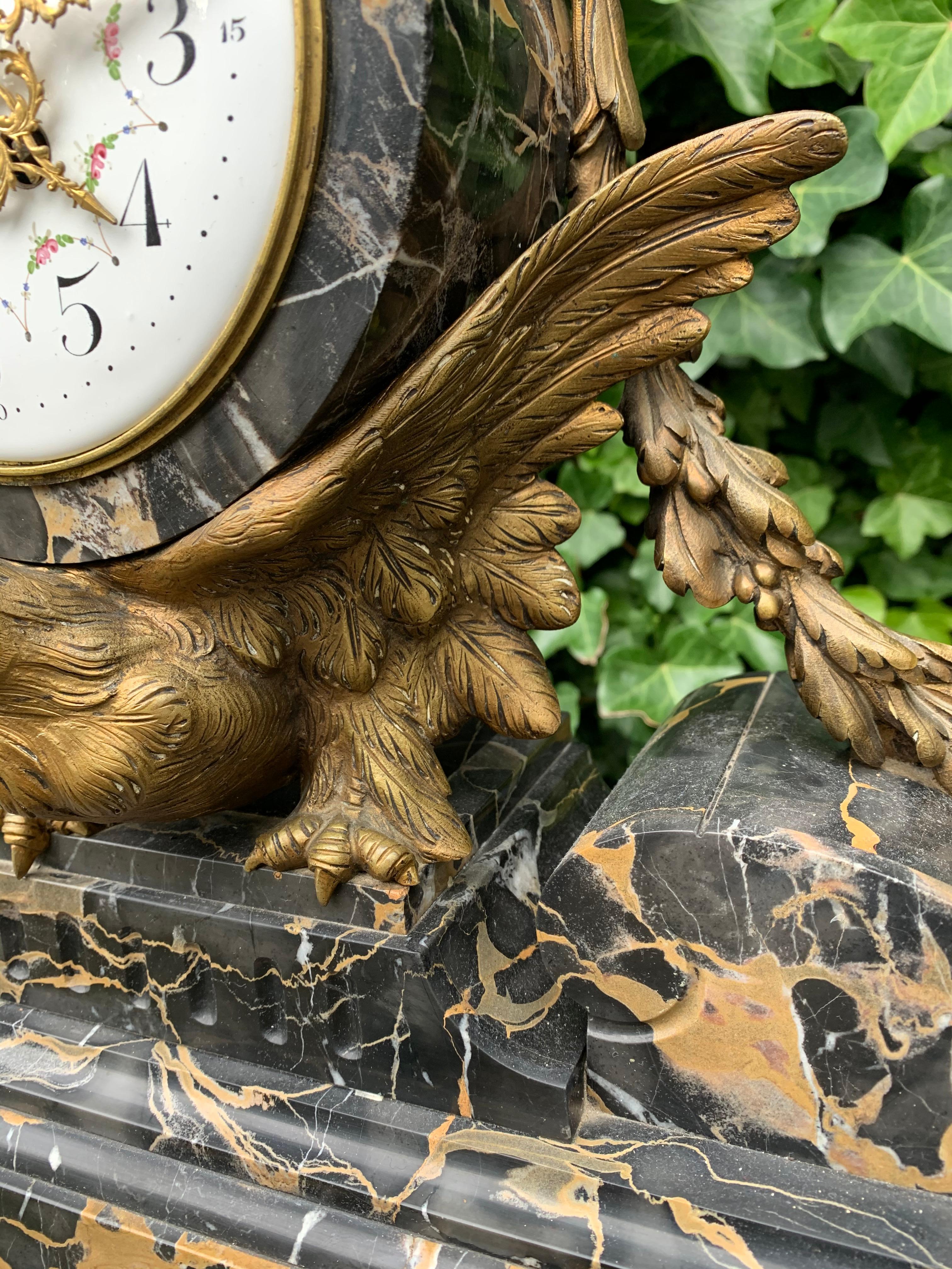 French Stunning Antique Quality Bronze Marble Clock Garniture w. Bald Eagle Sculptures For Sale