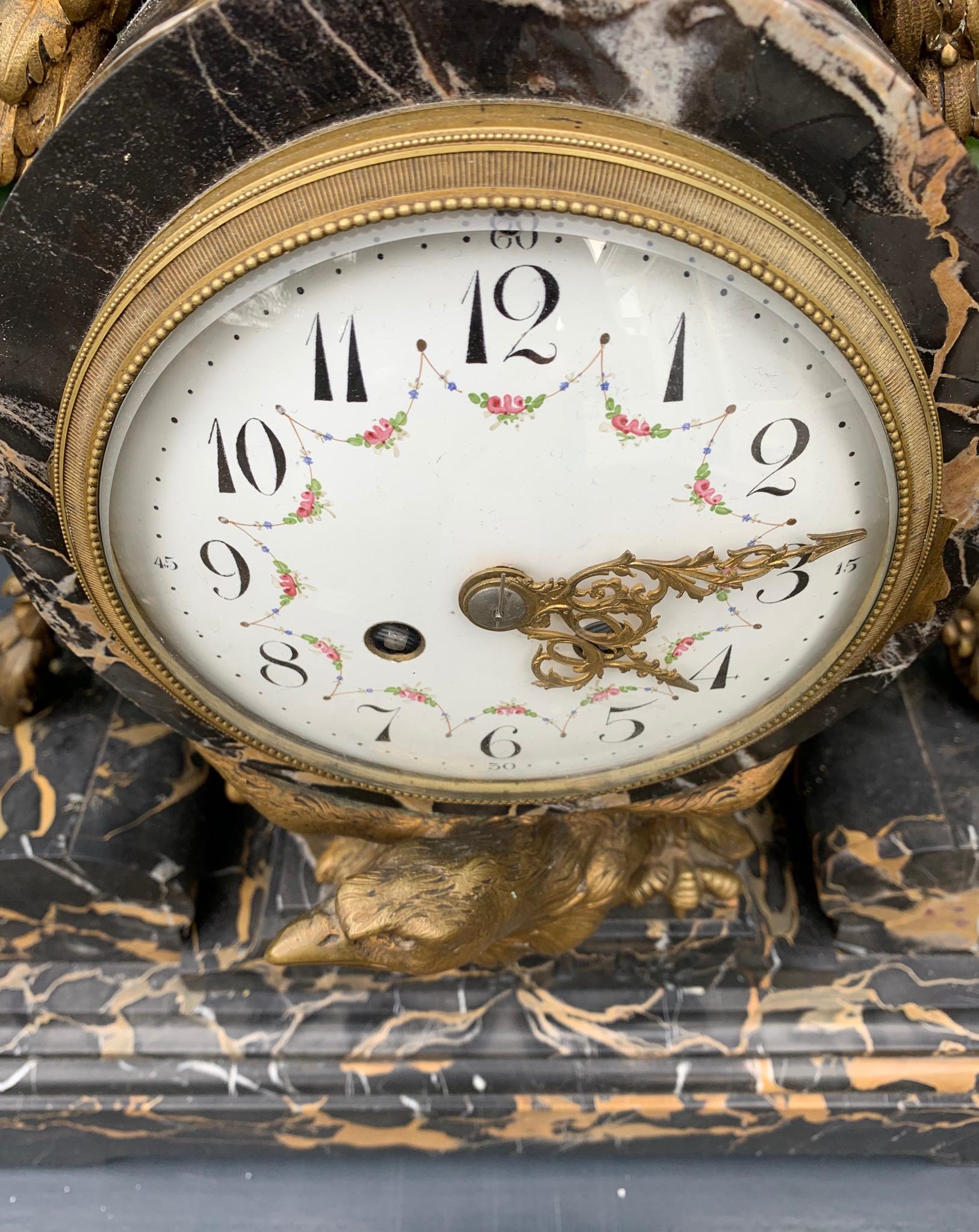 19th Century Antique Bronze and Stunning Marble Clock Garniture with Eagle Sculptures For Sale