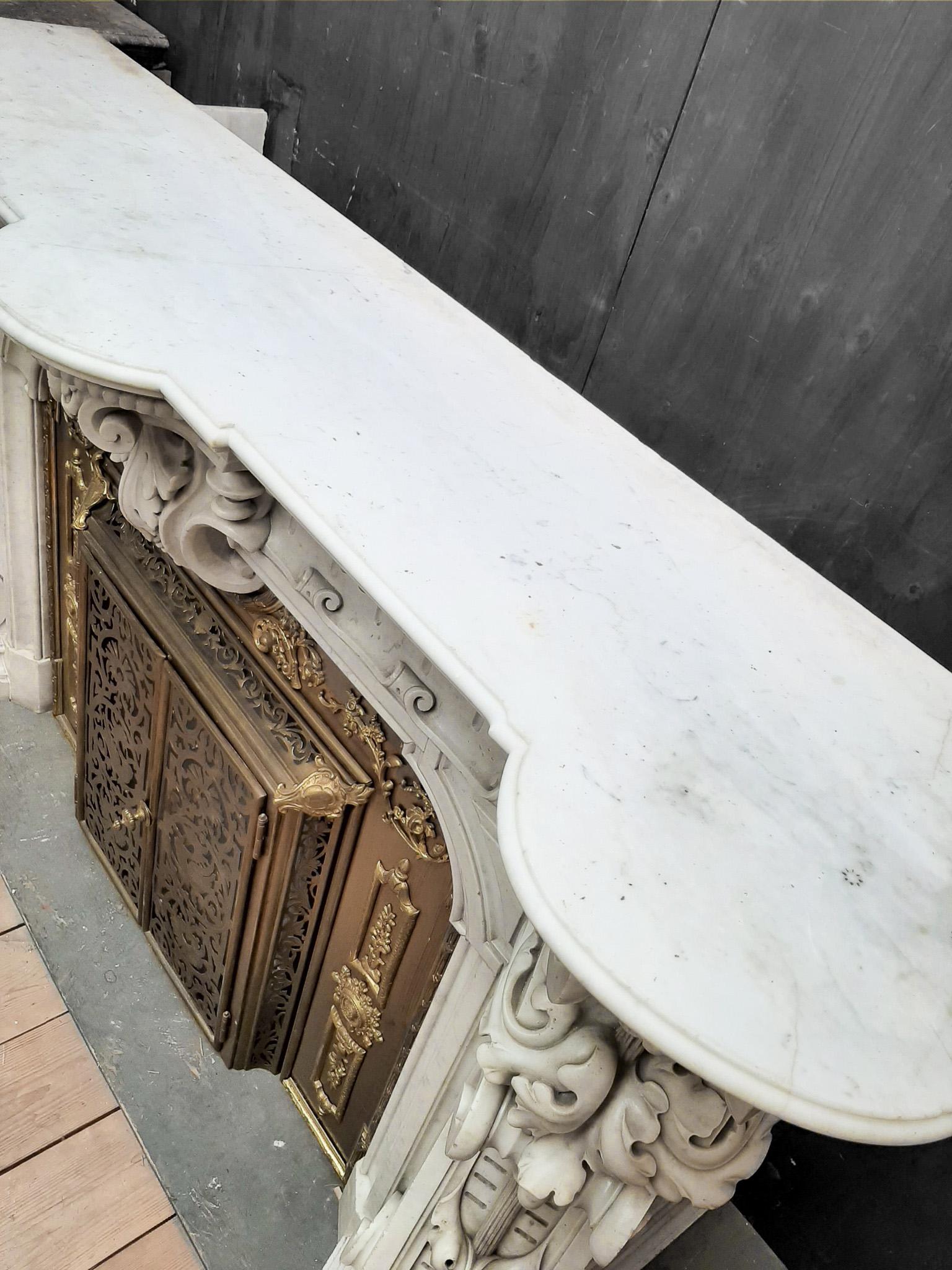 Spectacular Antique Carved French Marble Fireplace with Original Brass Insert For Sale 2