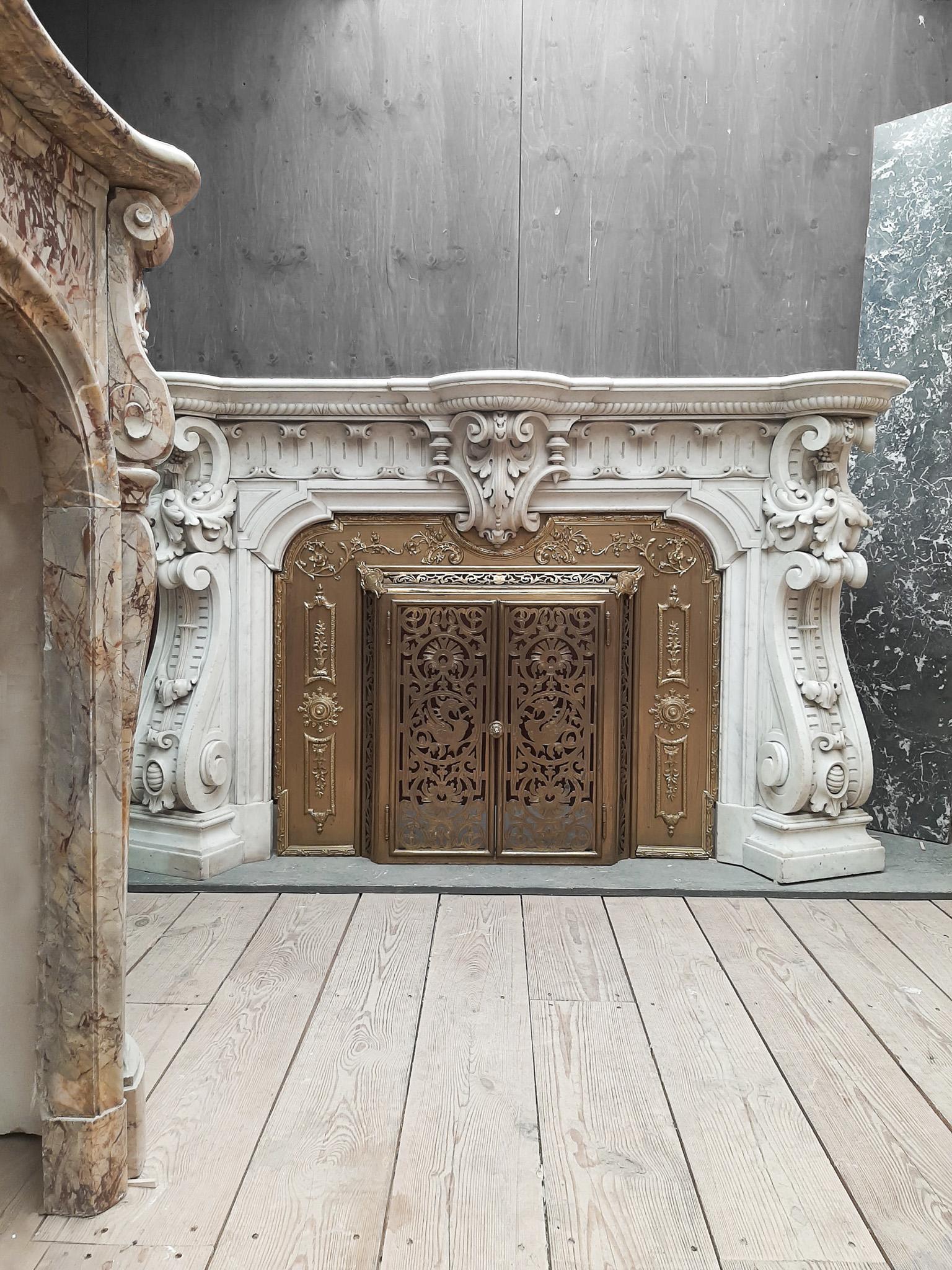 Spectacular Antique Carved French Marble Fireplace with Original Brass Insert For Sale 3