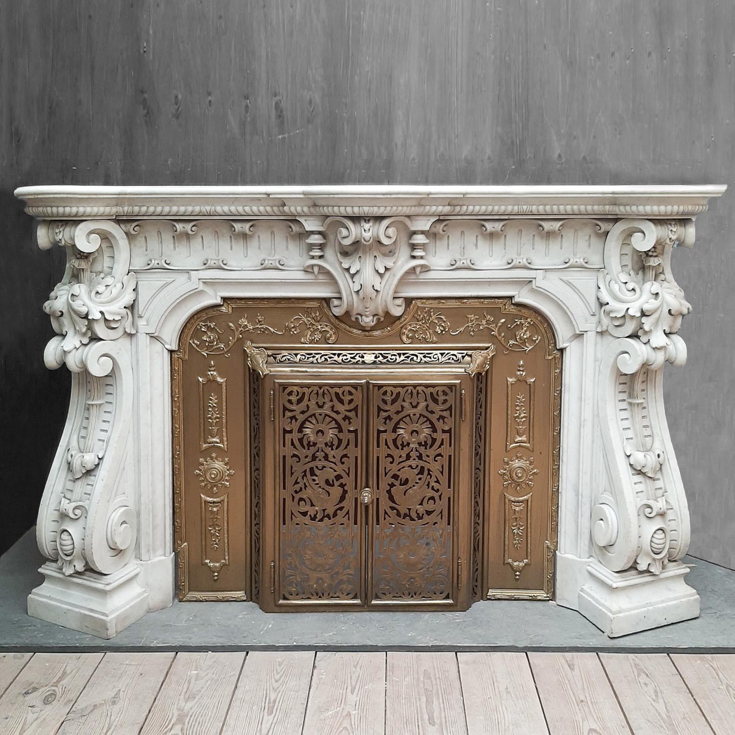 This French mantlepiece in classical style from around 1880 is one of the most incredible of our collection. This fireplace is exeptionally rich and elaborately and carved. The Bianco Carrara marble is of statuario quality. The fireplace has it's