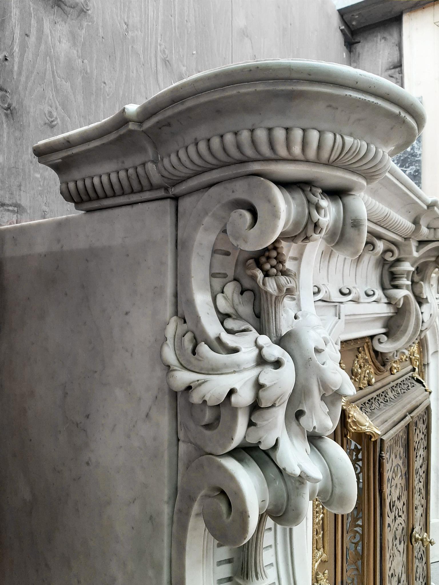 Late 19th Century Spectacular Antique Carved French Marble Fireplace with Original Brass Insert For Sale