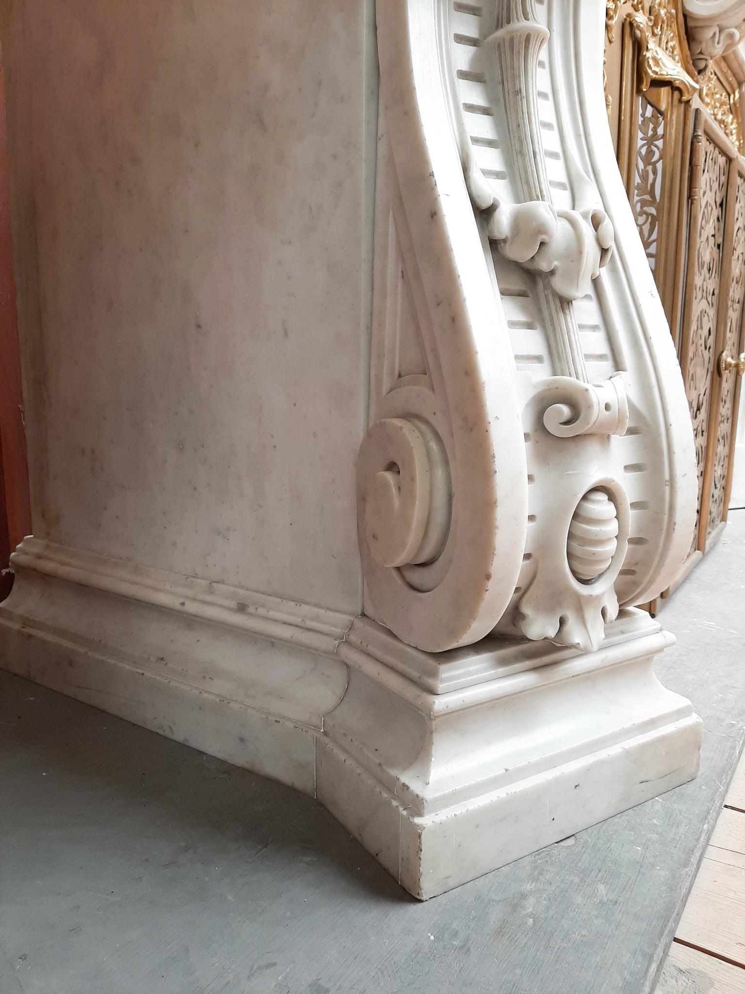 Carrara Marble Spectacular Antique Carved French Marble Fireplace with Original Brass Insert For Sale