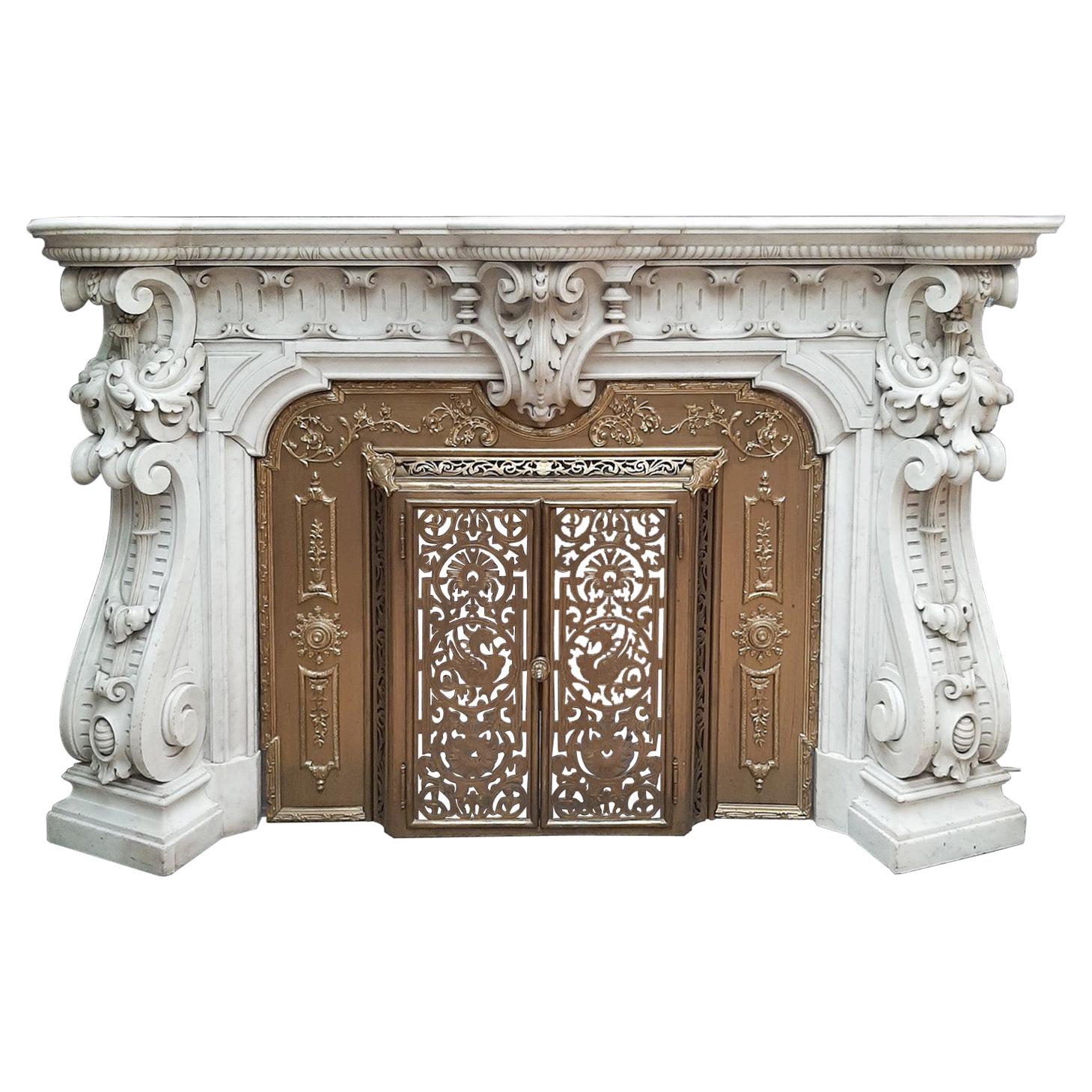 Spectacular Antique Carved French Marble Fireplace with Original Brass Insert