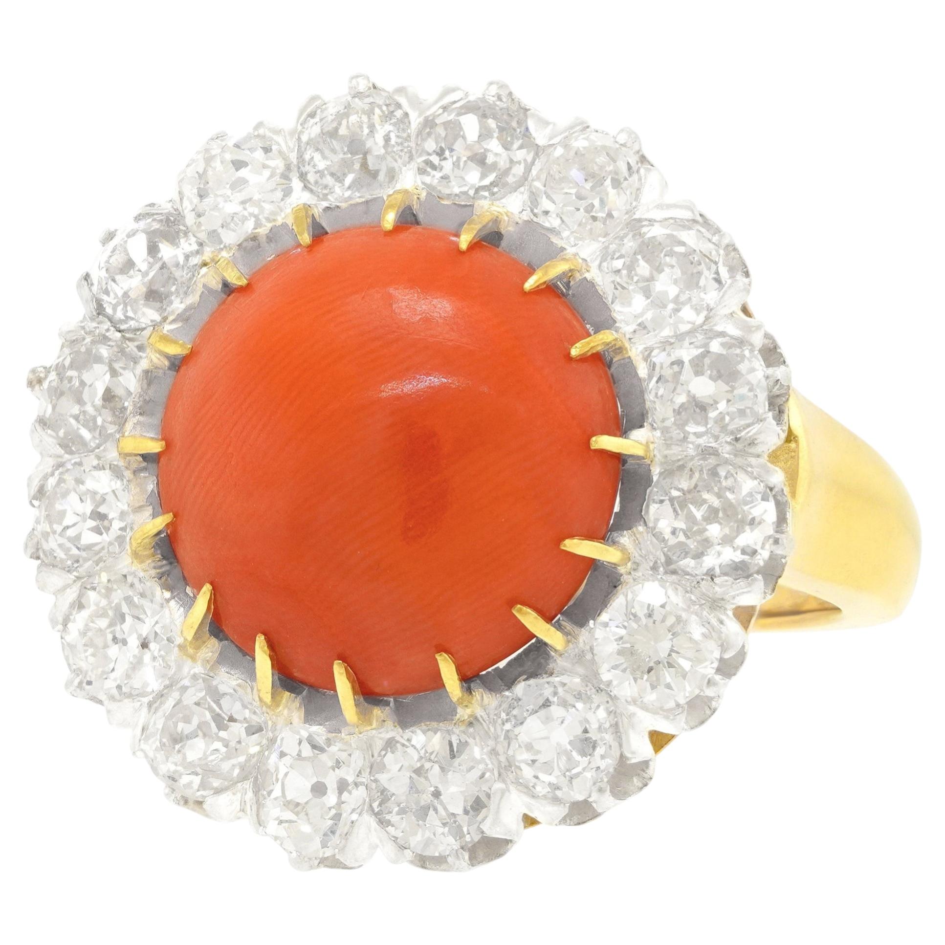 Spectacular Antique Coral & Diamond Ring