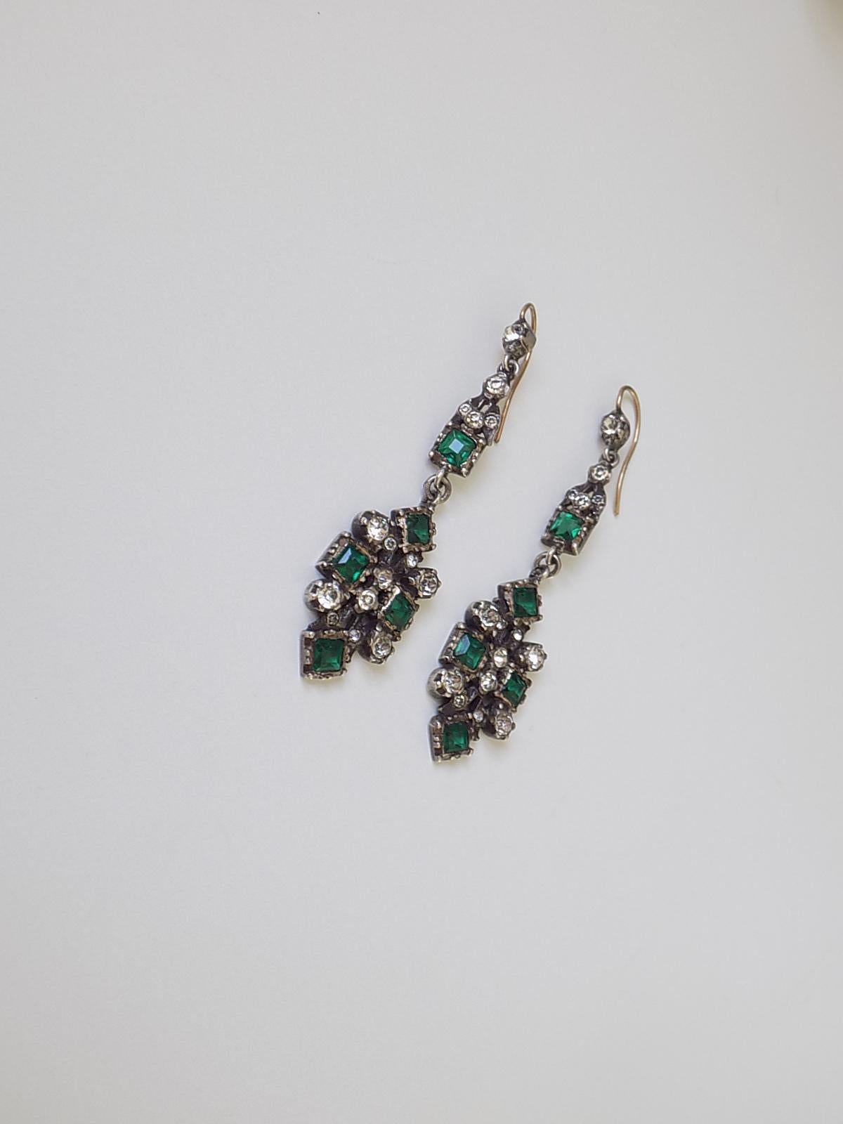 Georgian Spectacular Antique Edwardian Gold Silver Emerald Paste Drop Earrings