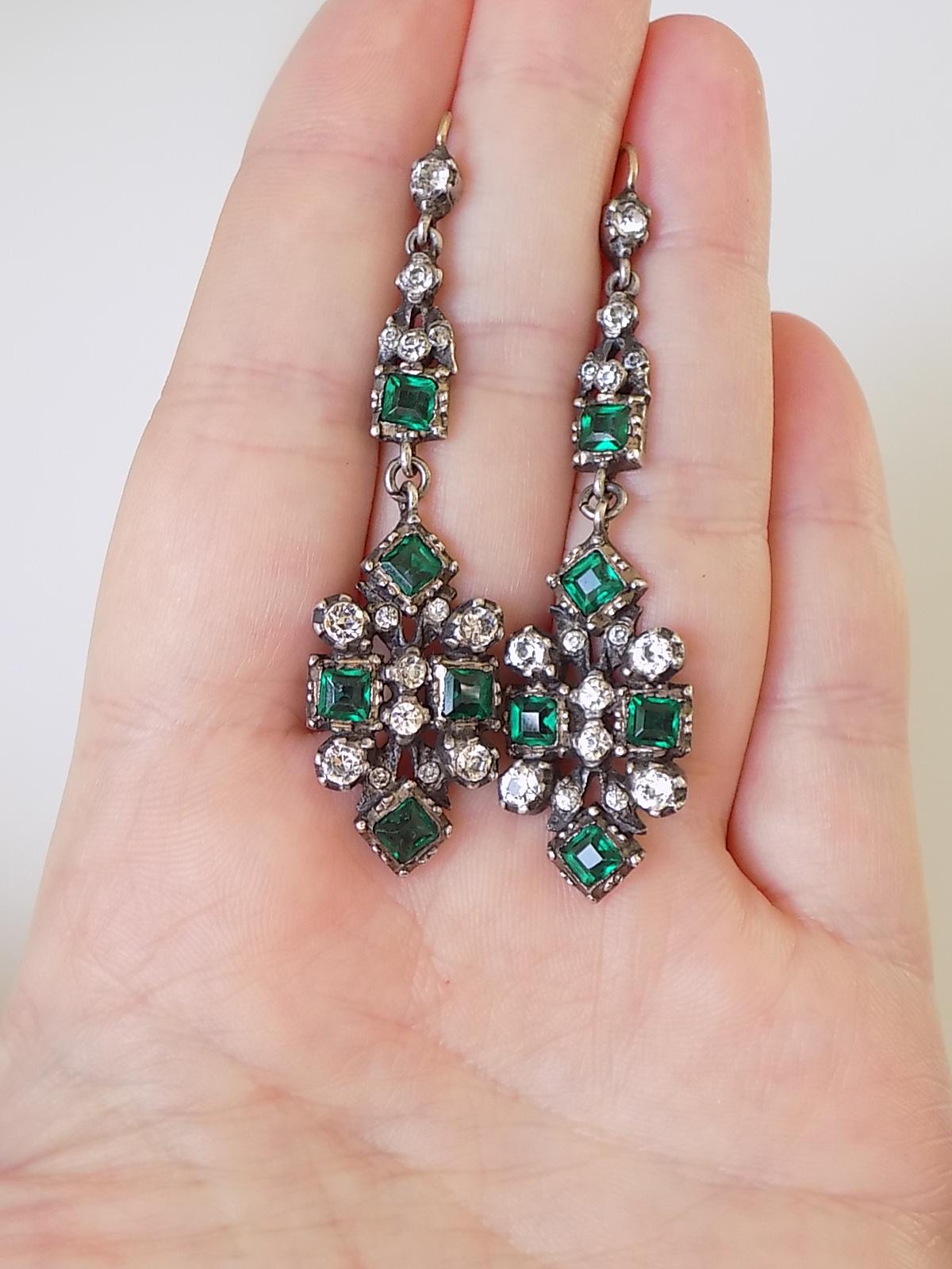 Women's Spectacular Antique Edwardian Gold Silver Emerald Paste Drop Earrings