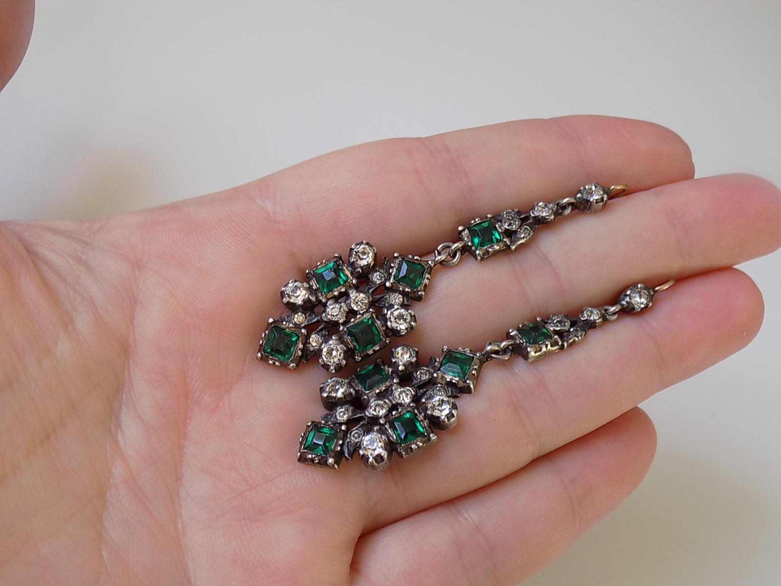 Spectacular Antique Edwardian Gold Silver Emerald Paste Drop Earrings 1