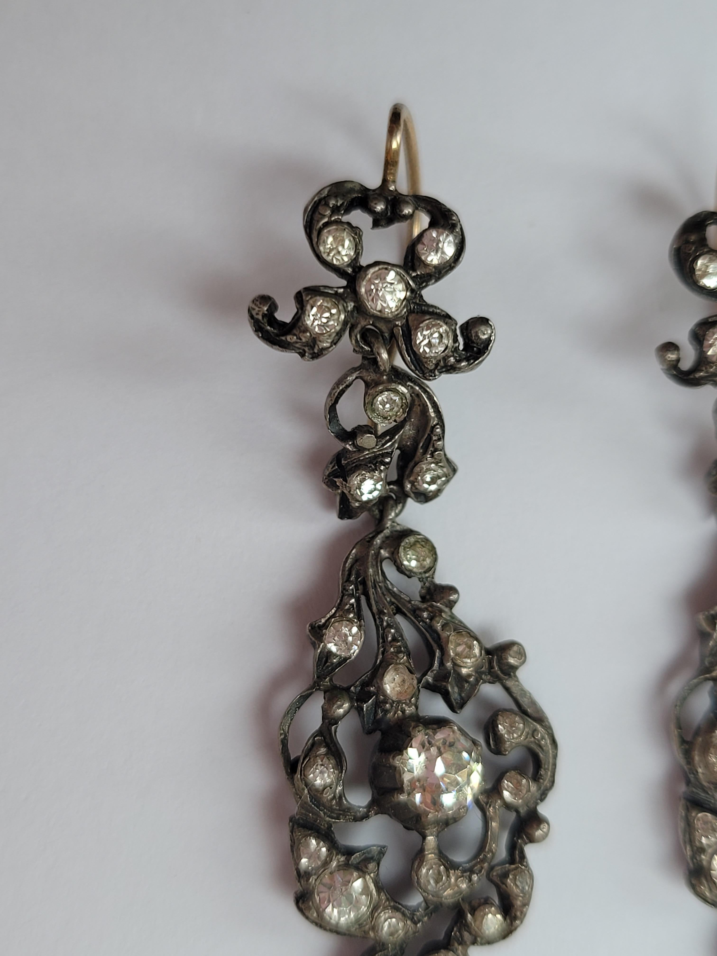 Spectacular Antique Edwardian Gold Silver Paste Drop Earrings For Sale 7