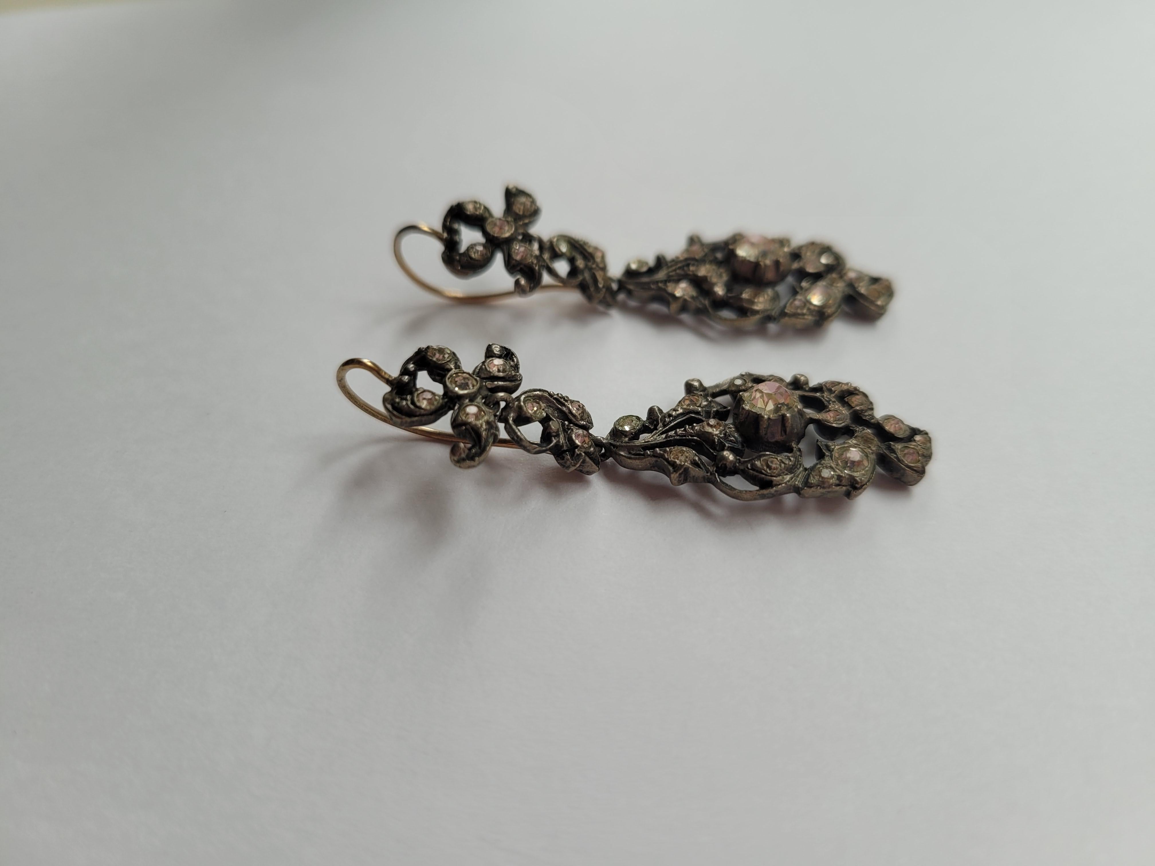 Spectacular Antique Edwardian Gold Silver Paste Drop Earrings For Sale 8