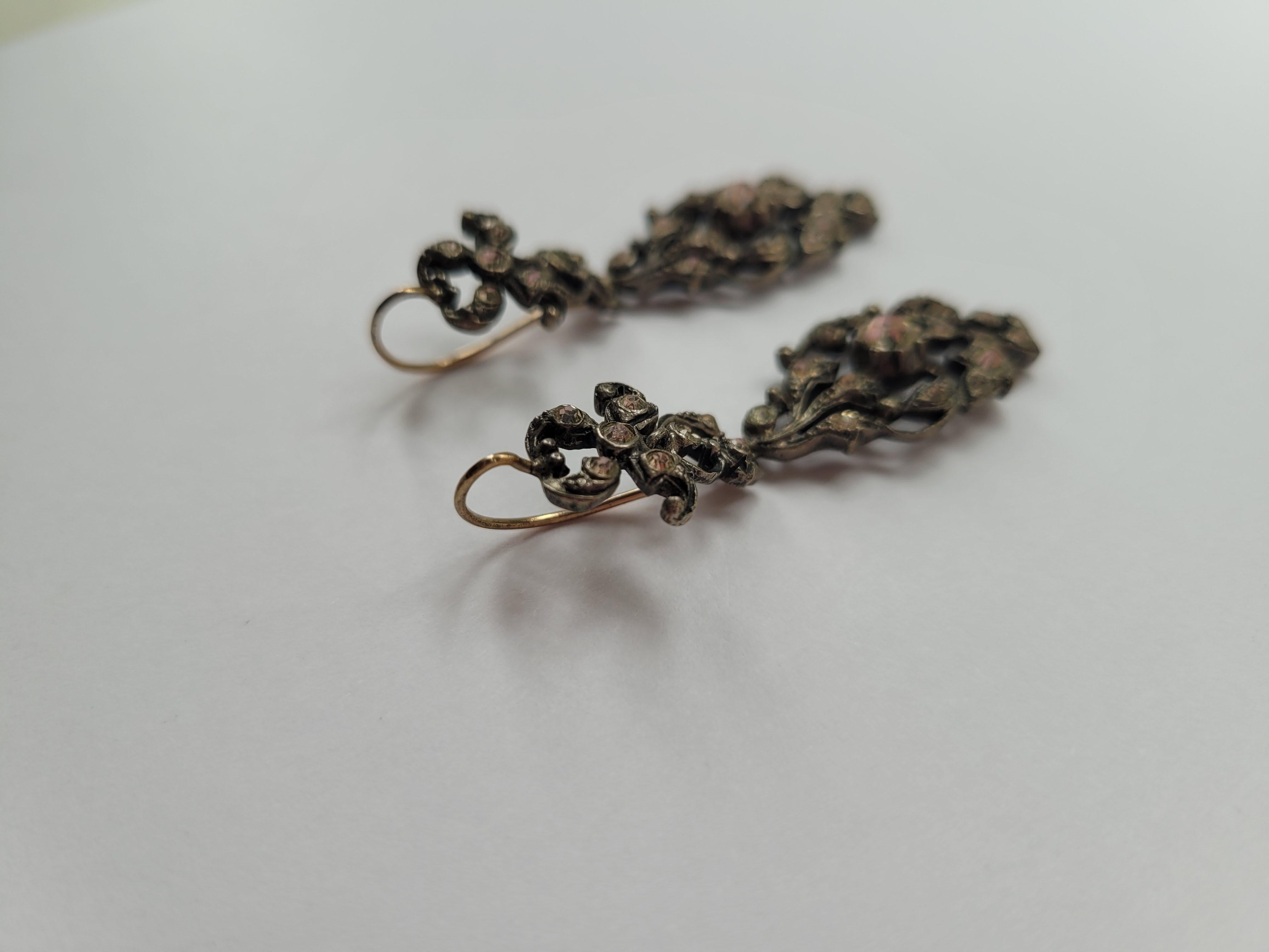 Spectacular Antique Edwardian Gold Silver Paste Drop Earrings For Sale 9