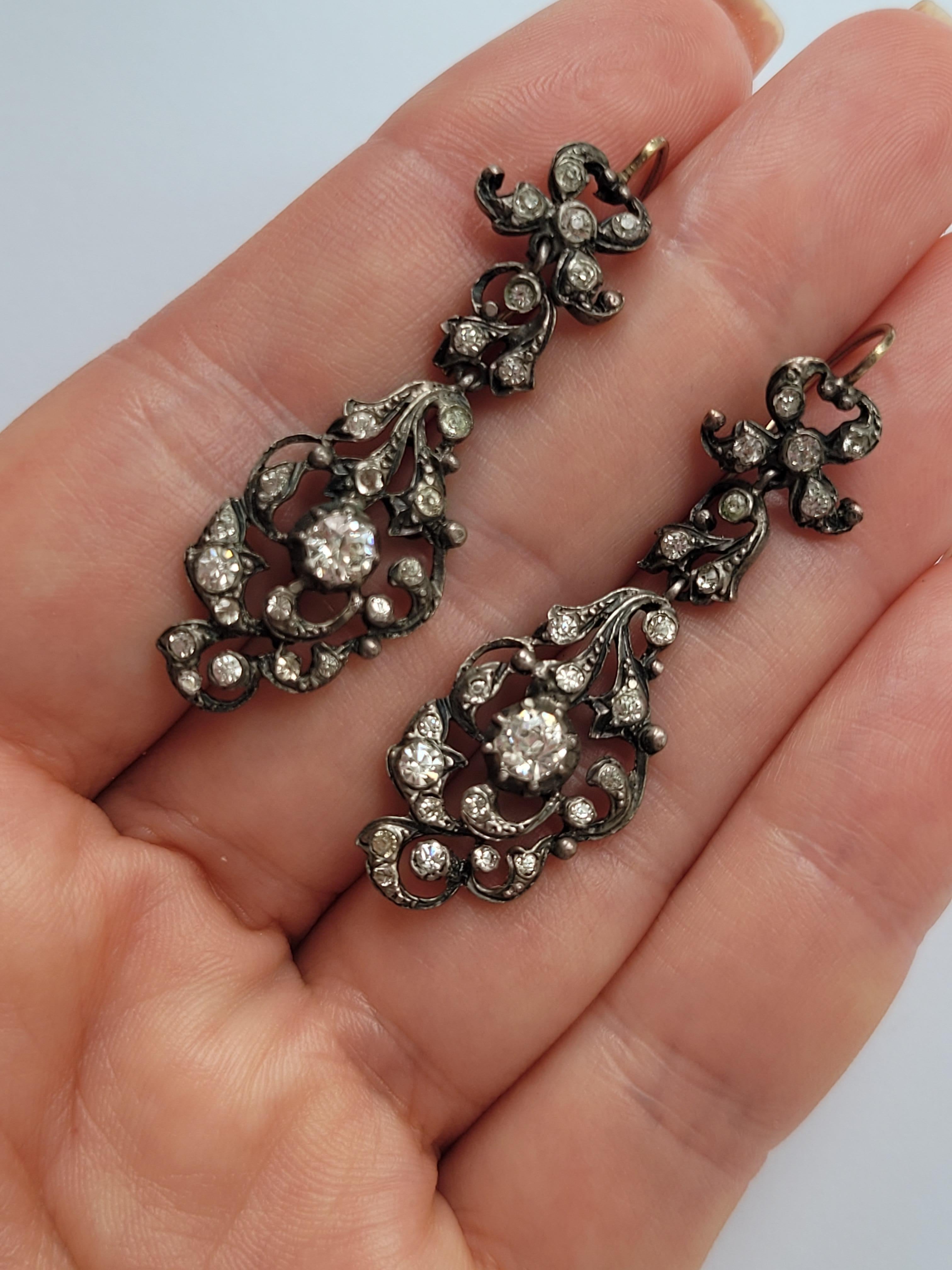 Georgian Spectacular Antique Edwardian Gold Silver Paste Drop Earrings For Sale