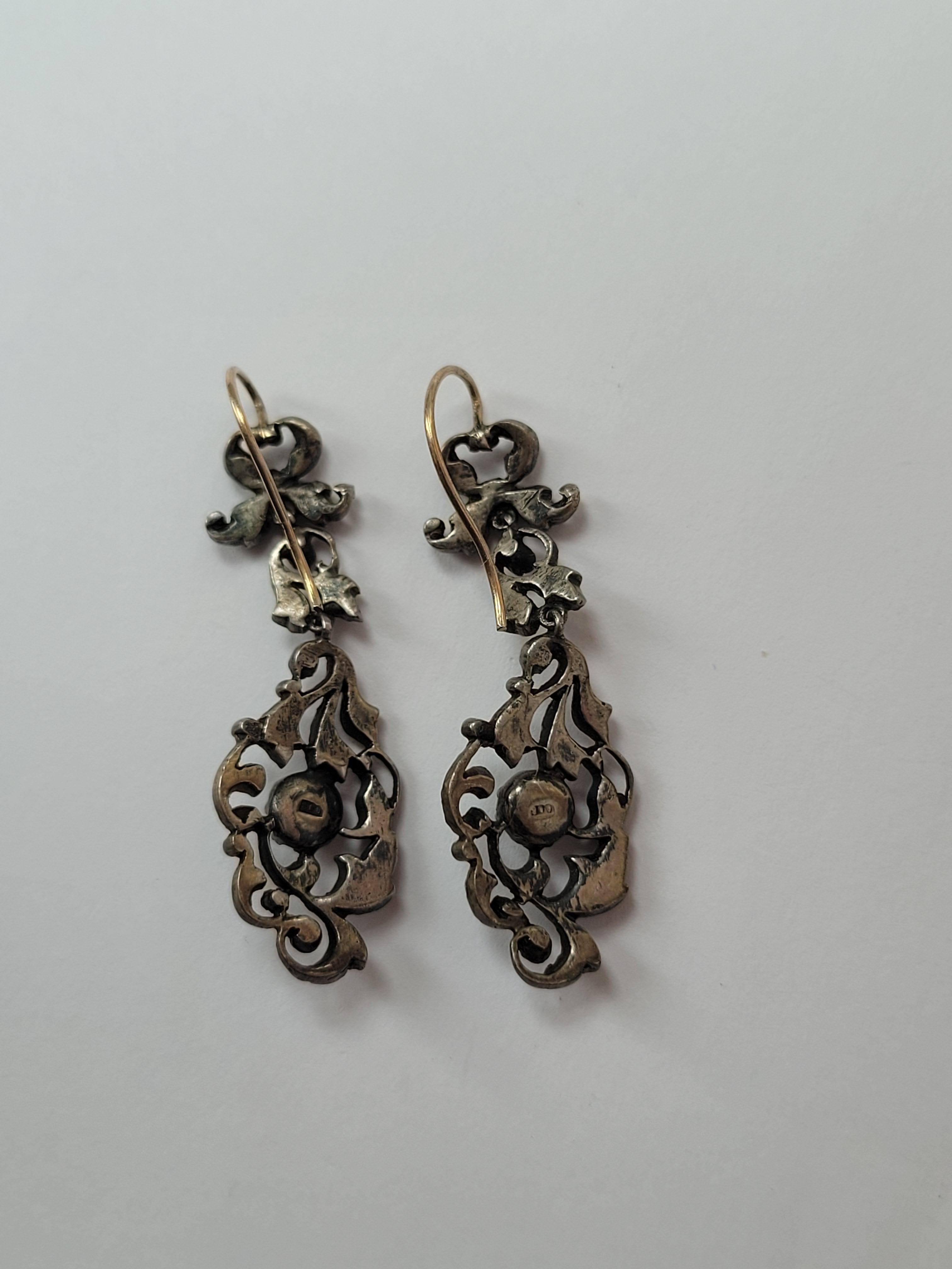 Spectacular Antique Edwardian Gold Silver Paste Drop Earrings For Sale 1
