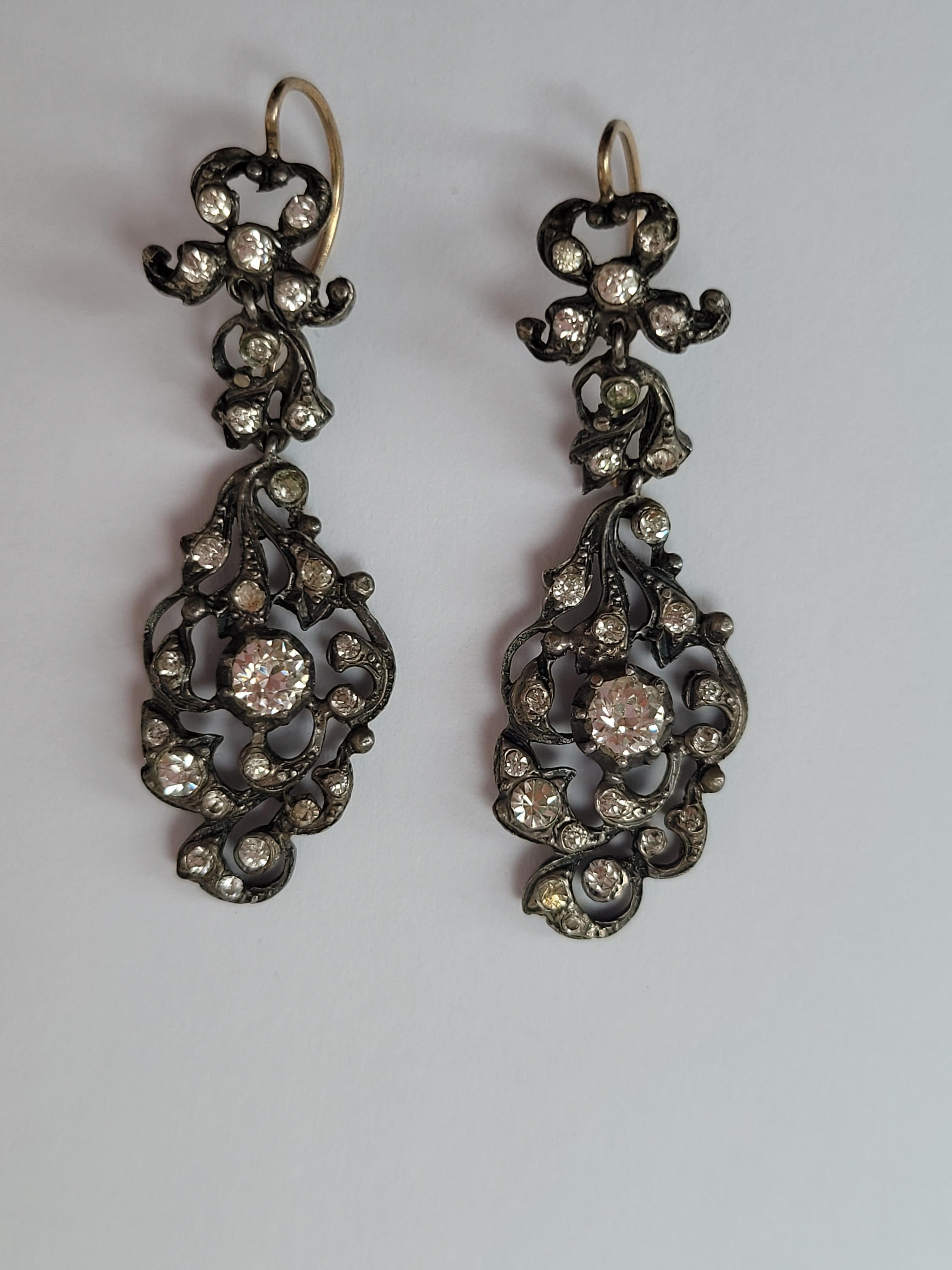 Spectacular Antique Edwardian Gold Silver Paste Drop Earrings For Sale 3