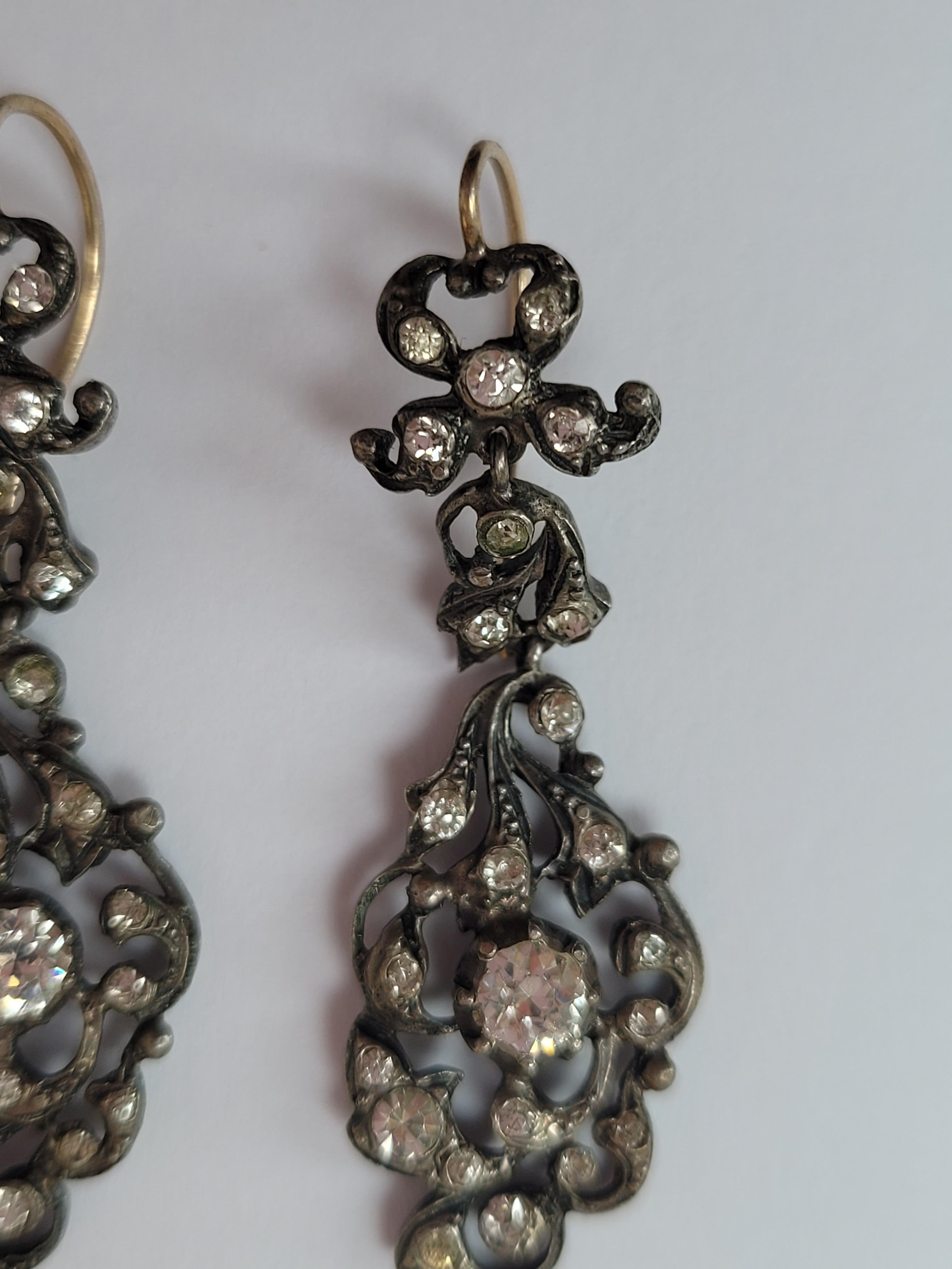 Spectacular Antique Edwardian Gold Silver Paste Drop Earrings For Sale 4