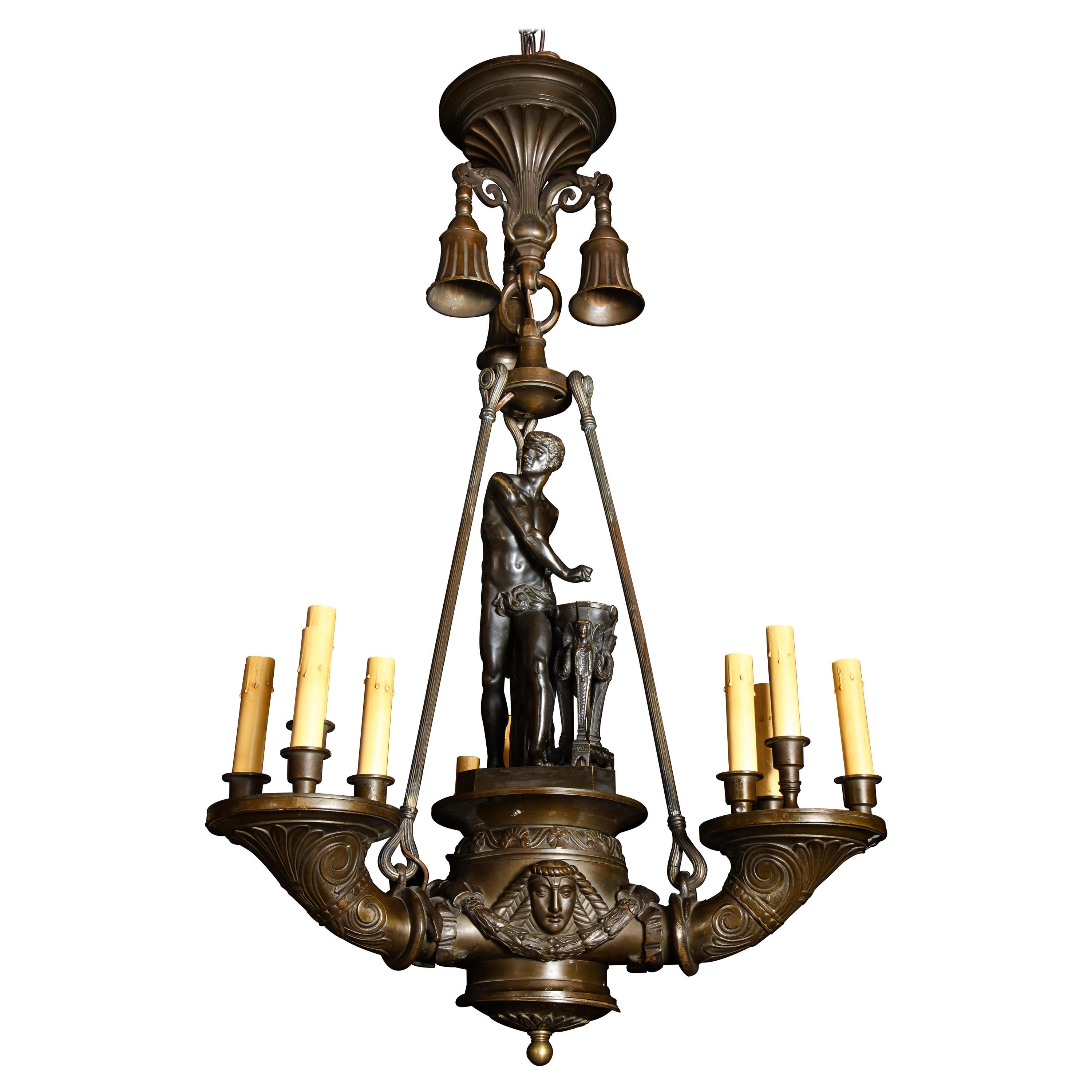 Spectacular Antique Italian Neoclassical Patinated Bronze Figural Chandelier