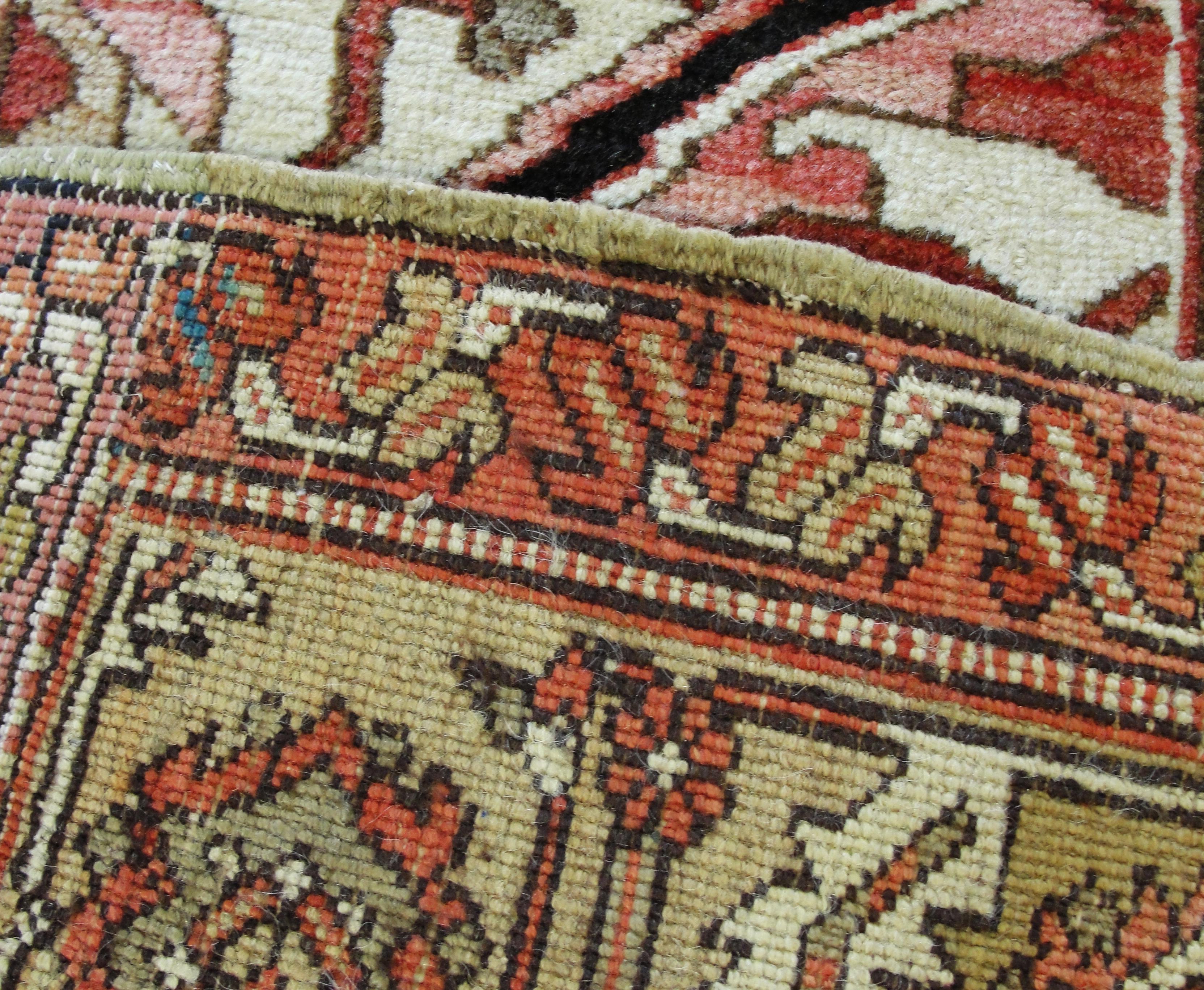 Amazing soft colors, nice and not busy, good quality and condition, circa 1880.
Woven in the rugged mountains of Northwest Persia, Serapi rugs are a distinct Heriz region style, with finer knotting and more large-scale spaciously placed antique