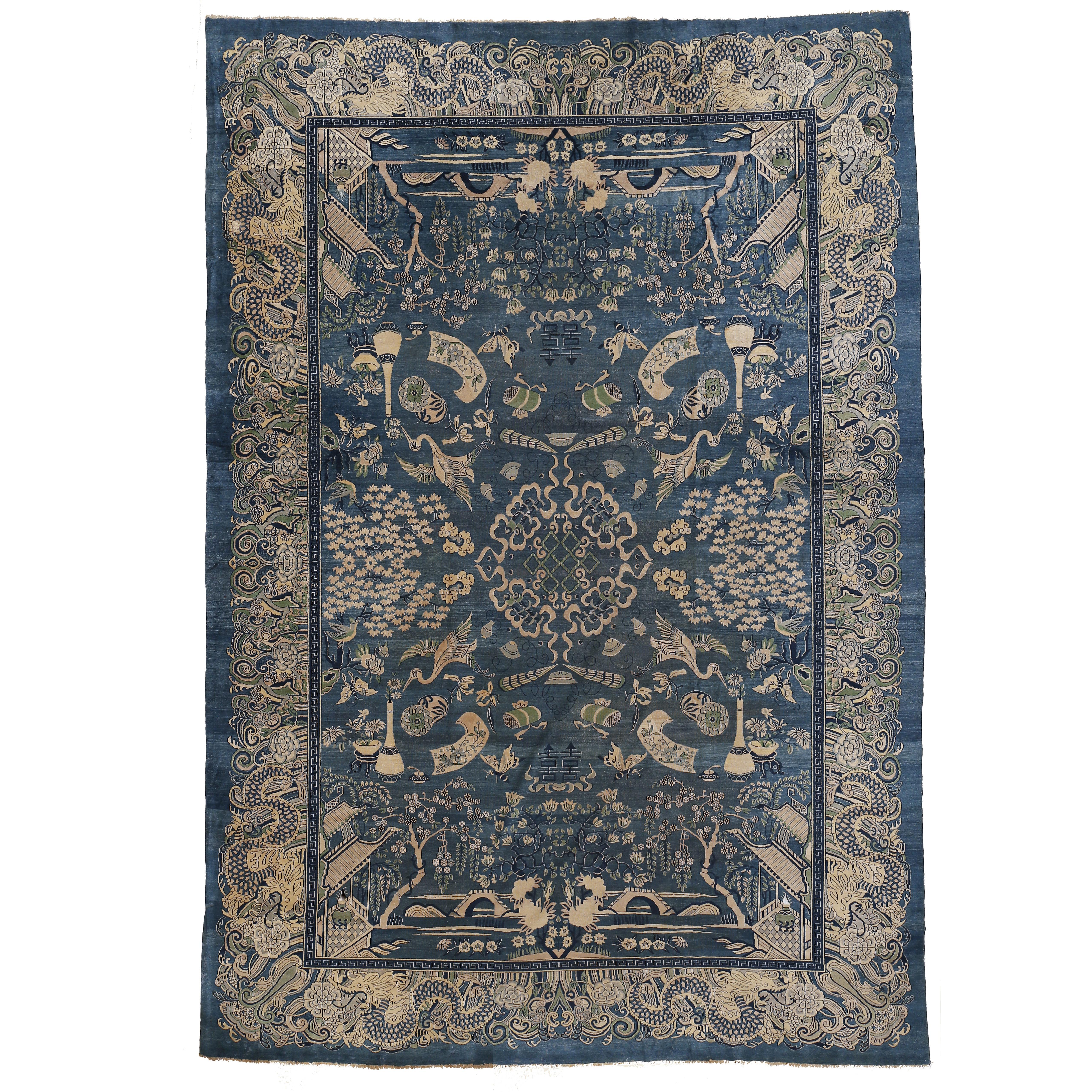 Spectacular Antique Sky Blue Indochine Rug with Cranes and Longevity Symbols For Sale 2