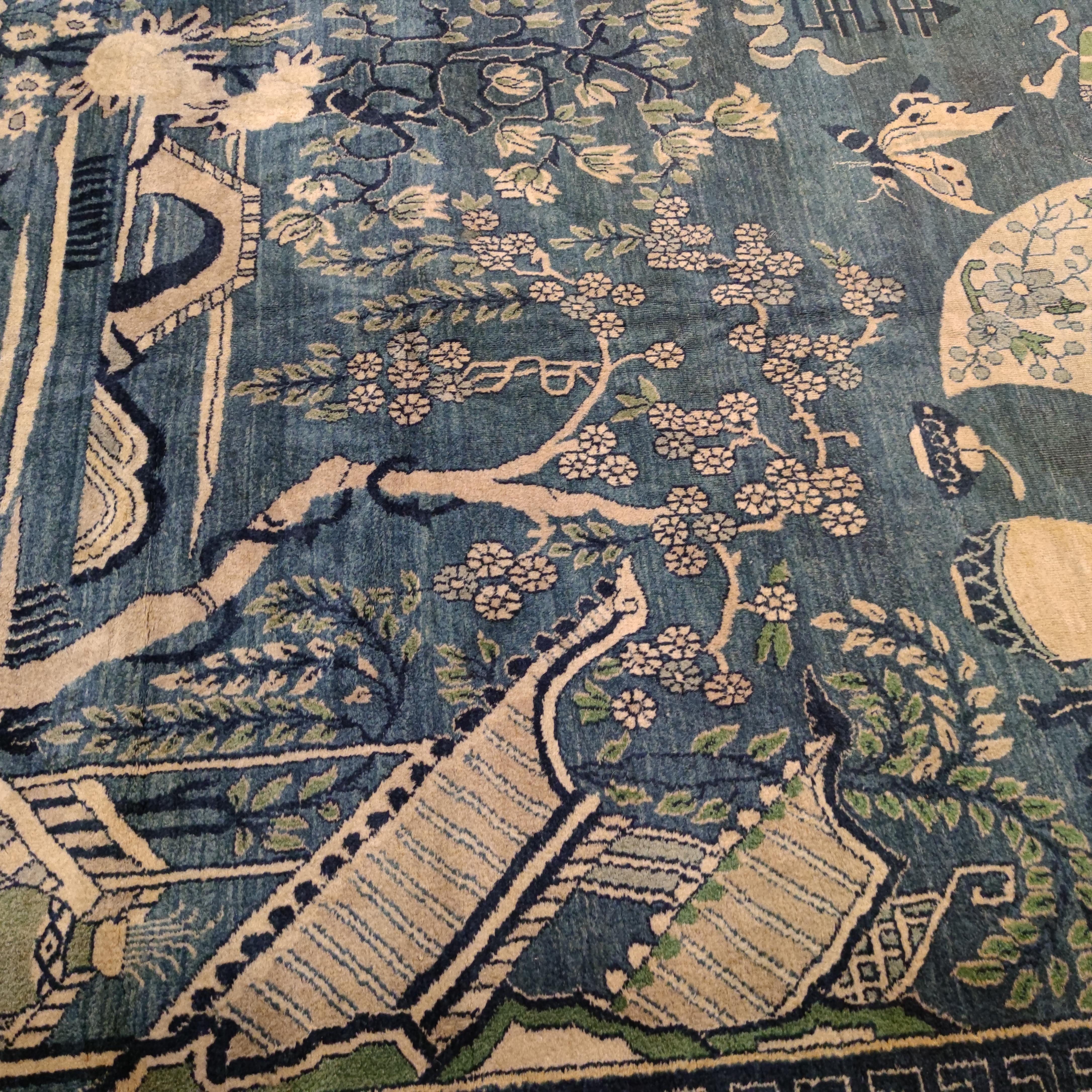 Indian Spectacular Antique Sky Blue Indochine Rug with Cranes and Longevity Symbols For Sale