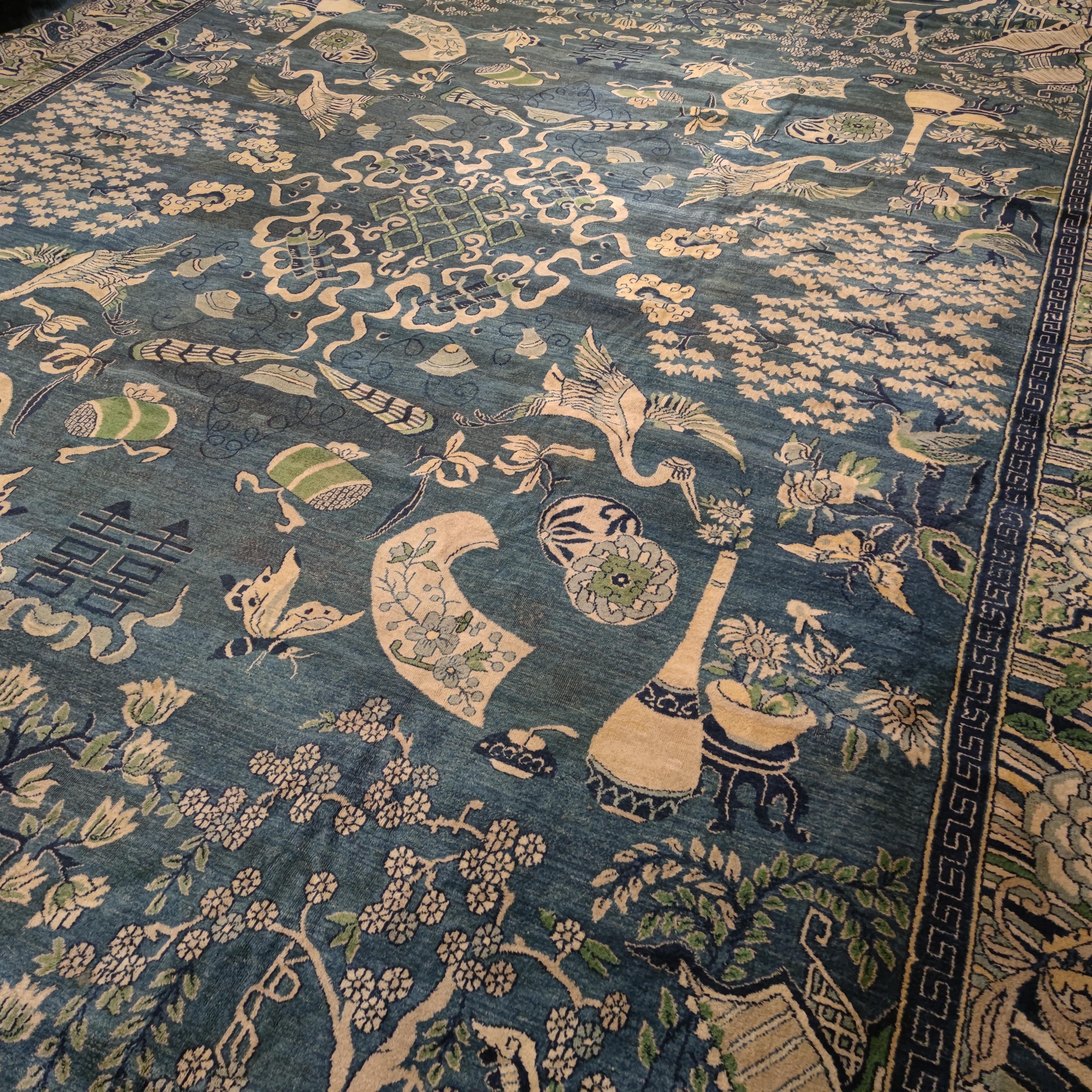 Hand-Knotted Spectacular Antique Sky Blue Indochine Rug with Cranes and Longevity Symbols For Sale