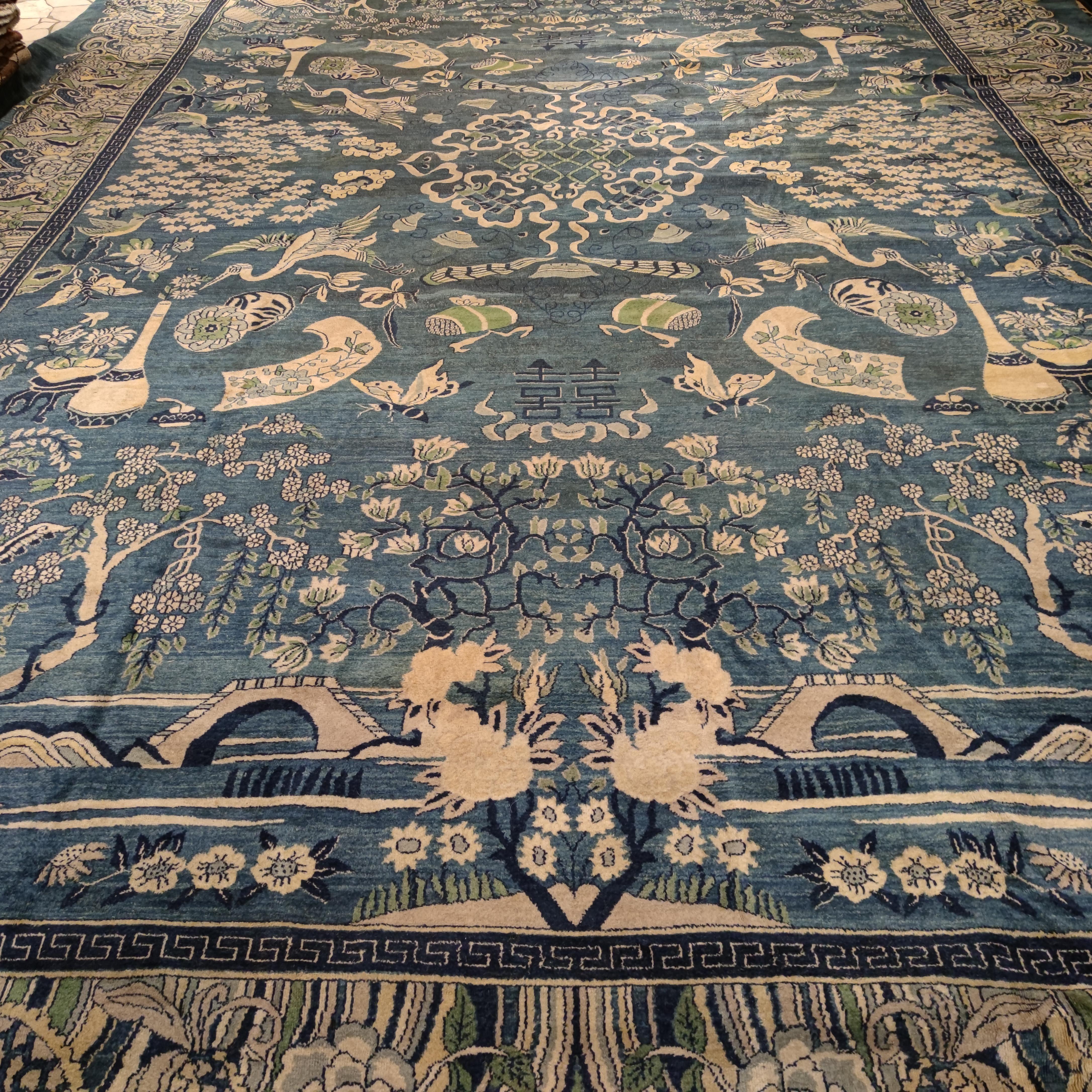 Spectacular Antique Sky Blue Indochine Rug with Cranes and Longevity Symbols In Good Condition For Sale In Milan, IT