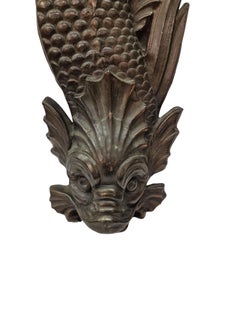 Spectacular antique wall decoration fish gargoyle, patinated copper, 1900 France