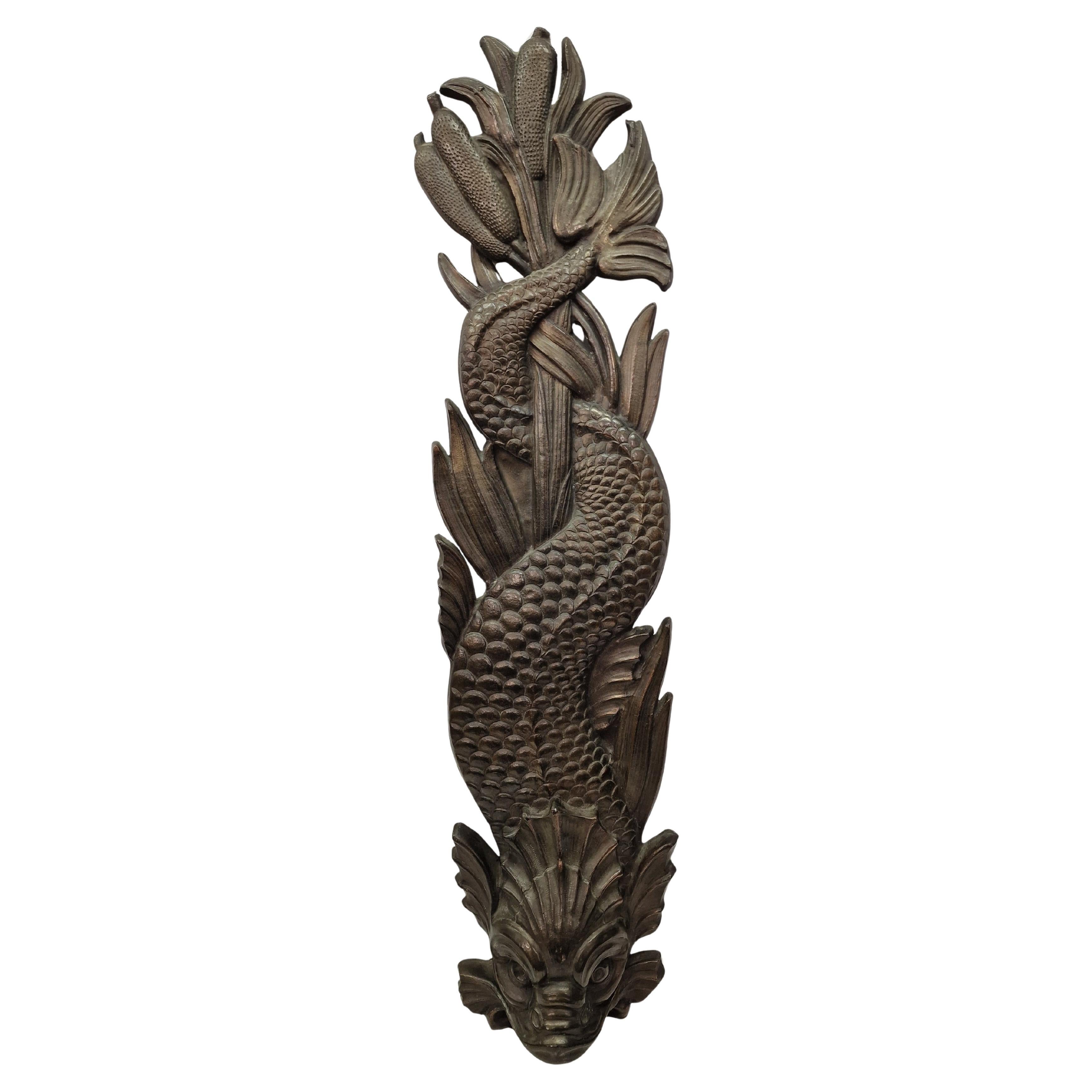 Spectacular antique wall decoration fish gargoyle, patinated copper, 1900 France