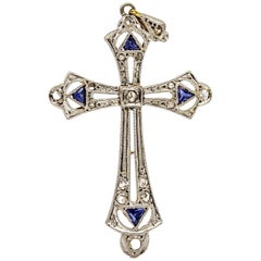Spectacular Art Deco 18 Karat Gold and Platinum Diamonds and Sapphires Cross