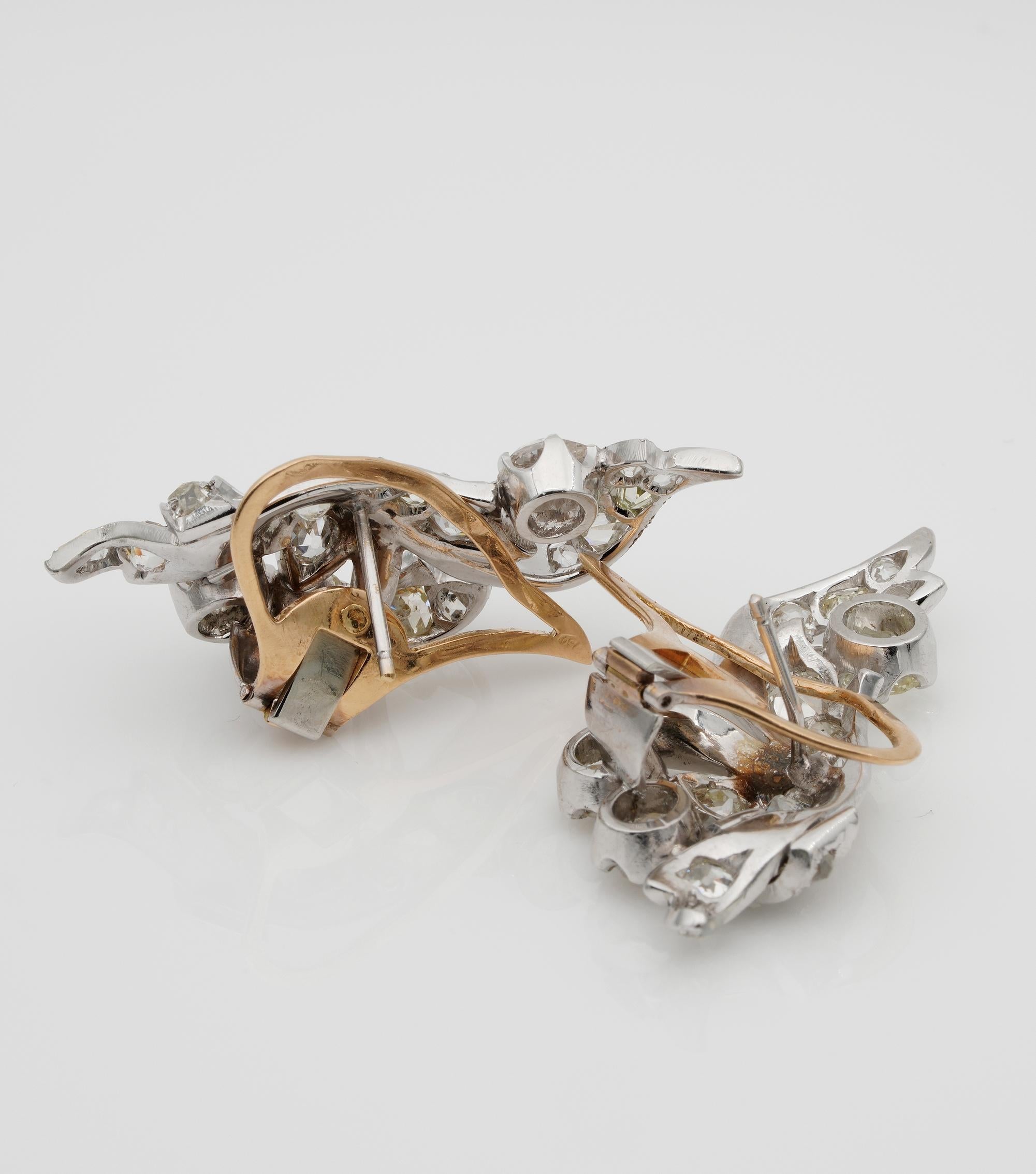 Spectacular Art Deco 5.60 Old Mine Cut Diamond Flower Spray Earrings For Sale 1