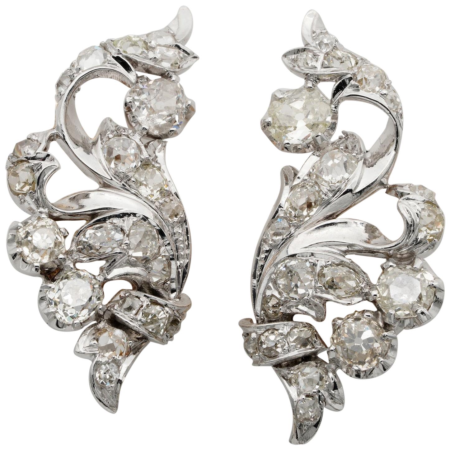 Spectacular Art Deco 5.60 Old Mine Cut Diamond Flower Spray Earrings For Sale