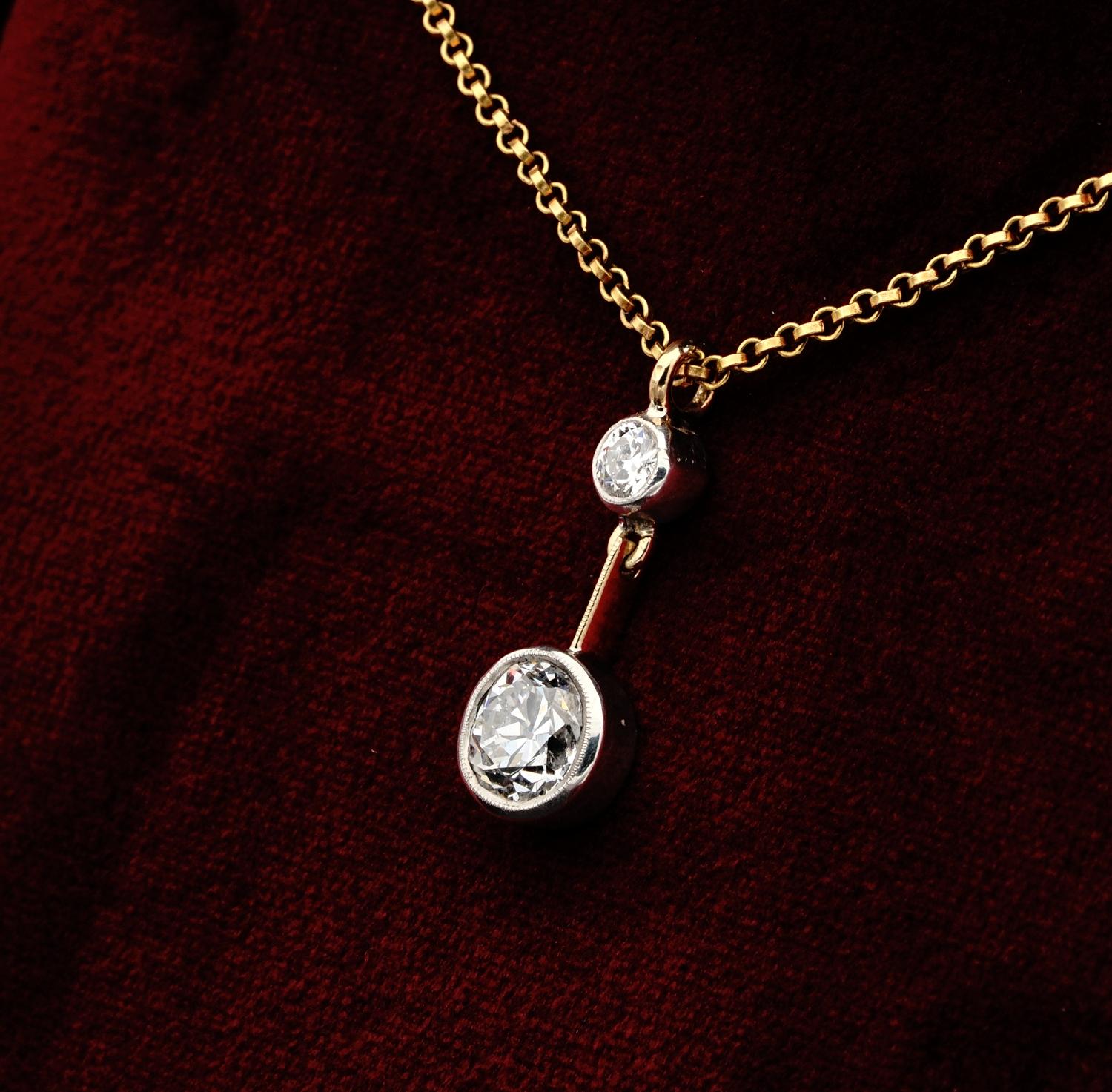 Spectacular Art Deco .95Ct Plus F/ G VVS2 Quality Twin Diamond Pendant Necklace For Sale 1