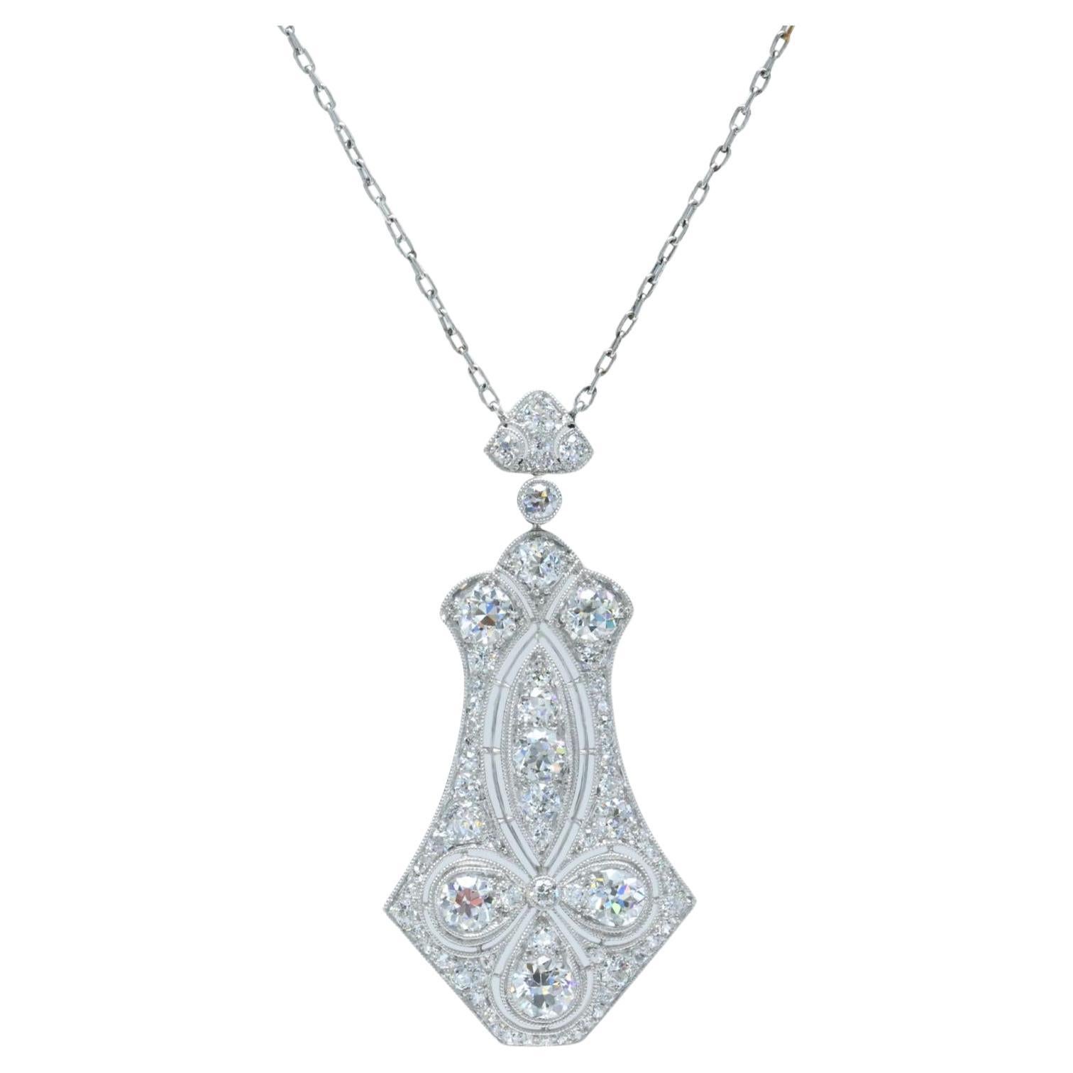 Espectacular Colgante y Collar de Platino y Diamantes de talla europea antigua Art Decó en venta