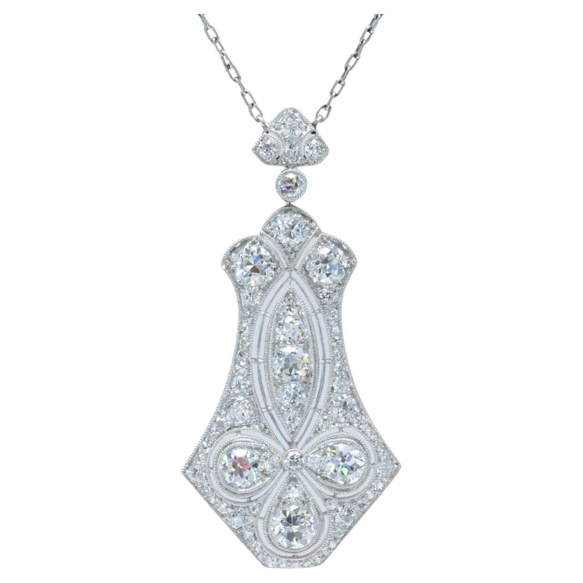 Spettacolare ciondolo e collana in platino con diamante vecchio taglio europeo Art Deco
