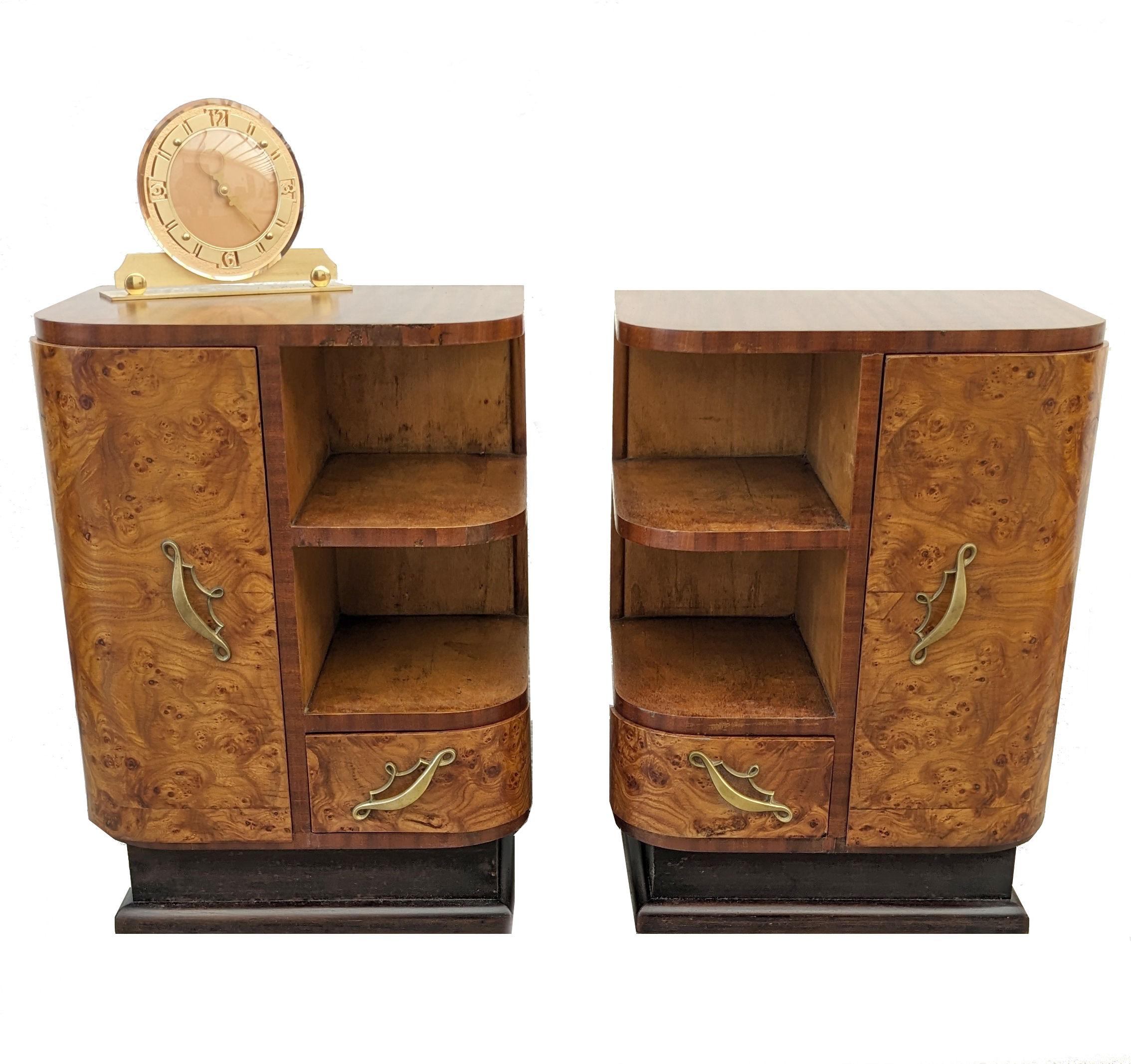 A rare opportunity to acquire such high styled and totally original Art Deco bedside tables. Originating from Italy and dating to the early 1930s they fill both the highly desired shape of Art Deco at its best and sort after the luscious veneers