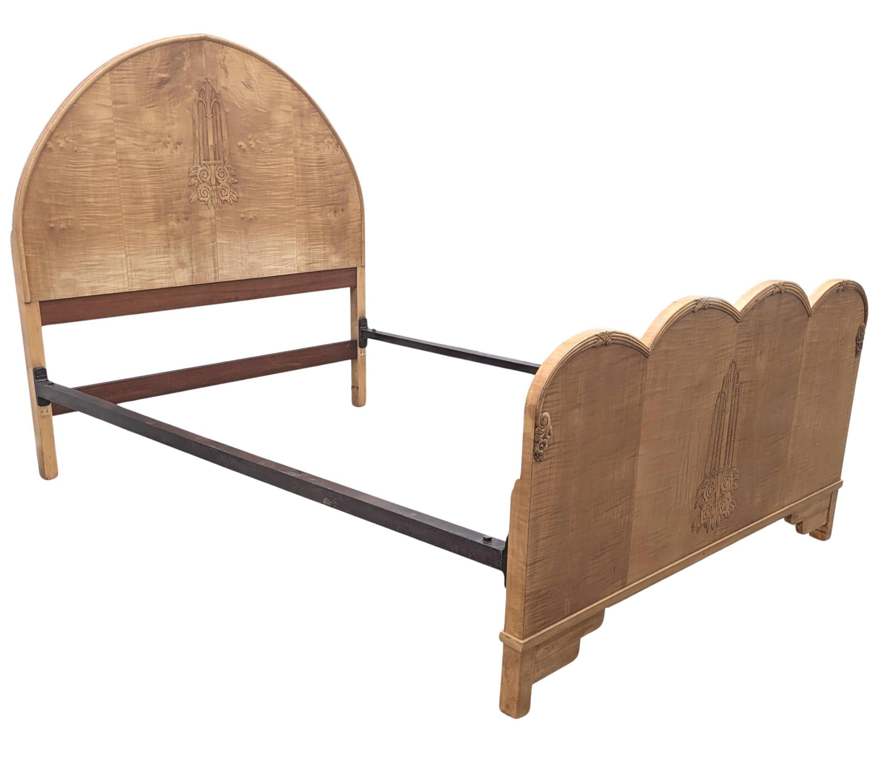 Superb and extremely glamorous 1930s Art Deco bed. Originating from England this bed boasts the most wonderful veneers. Totally original and having been through our workshops has been fully and professionally restored it comes to you in showroom