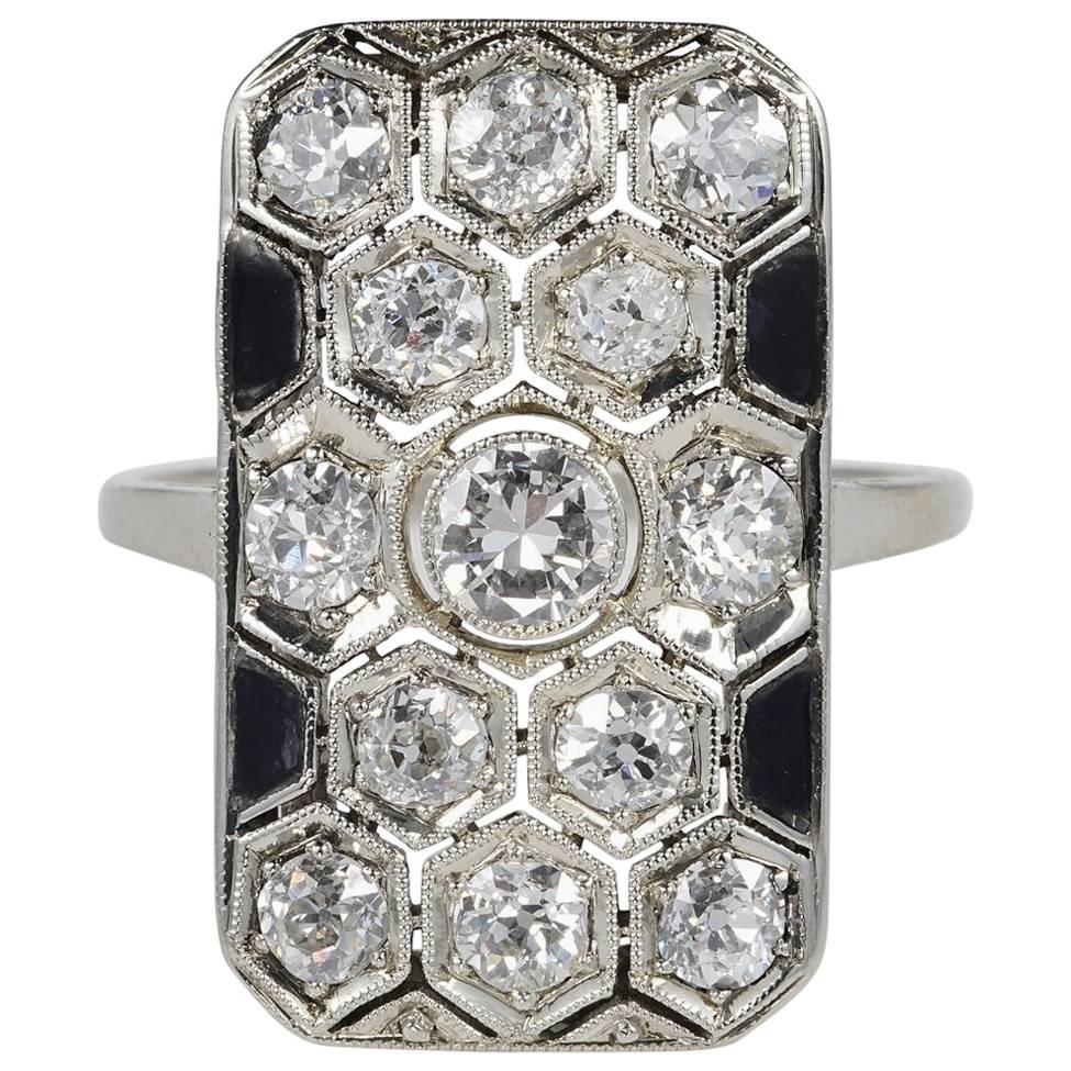 Spectacular Austro Hungarian Art Deco Diamond and Onyx Panel Ring