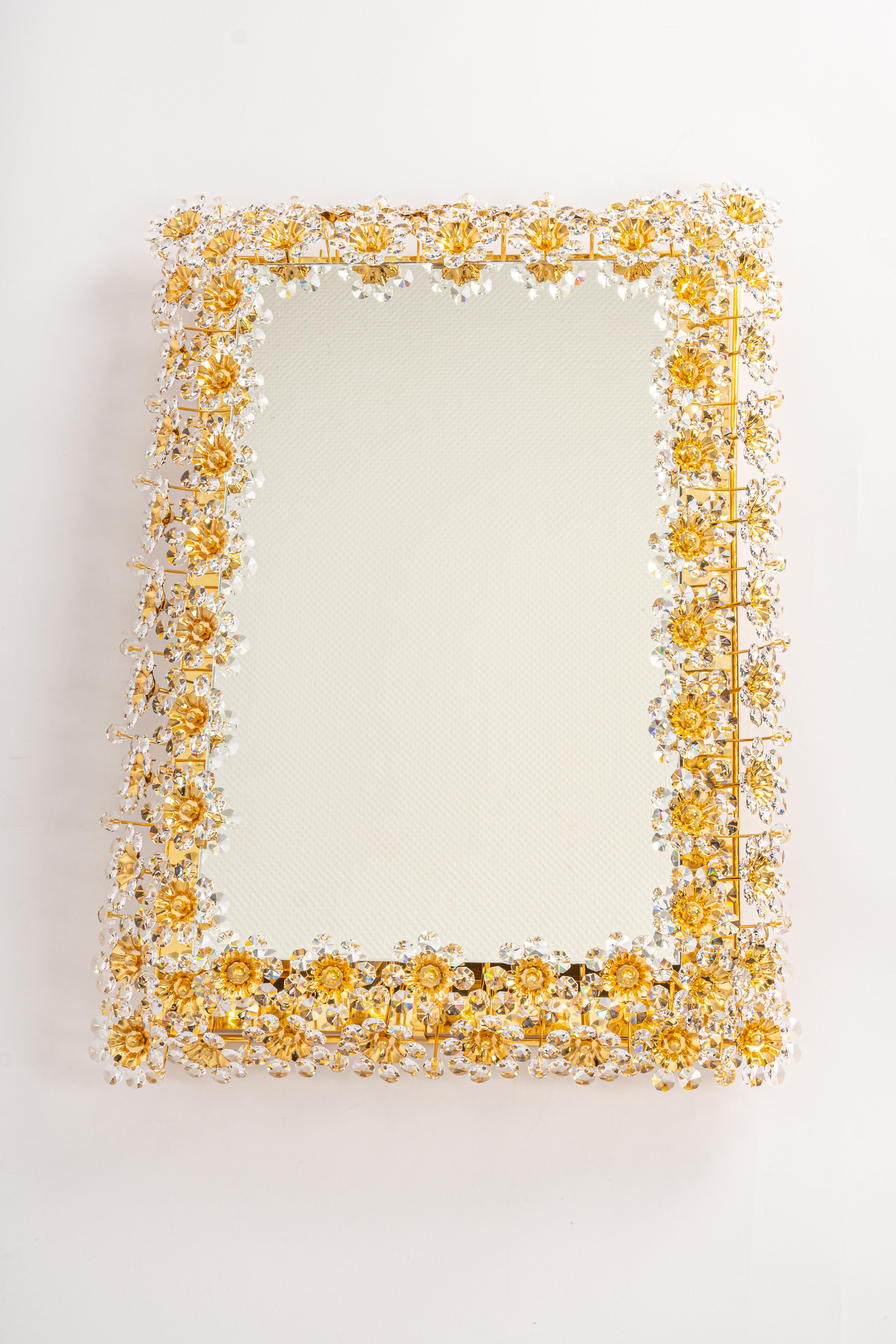 Mid-Century Modern Spectacular Backlit Mirror Gilded Brass and Crystal Glass by Palwa, Germany For Sale