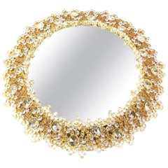 Retro Spectacular Backlit Mirror Gilded Brass and Crystal Glass by Palwa, Germany