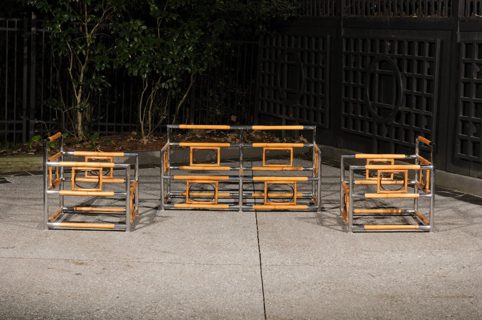 Spectacular Bamboo, Cane and Polished Steel Seating Set, Italy, circa 1970 For Sale 5