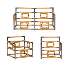 Spektakuläres Sitzset aus Bambus, Rohr und poliertem Stahl, Italien, um 1970