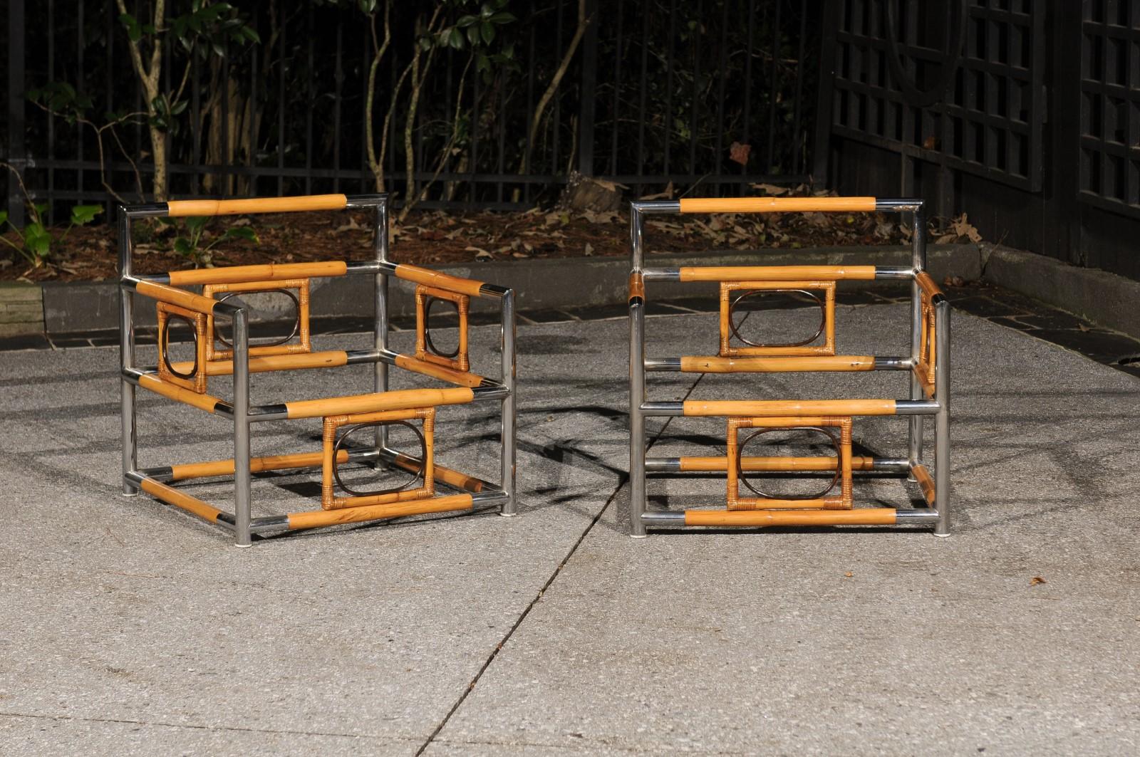 Organic Modern Spectacular Bamboo, Cane and Polished Steel Seating Set, Italy, circa 1970 For Sale