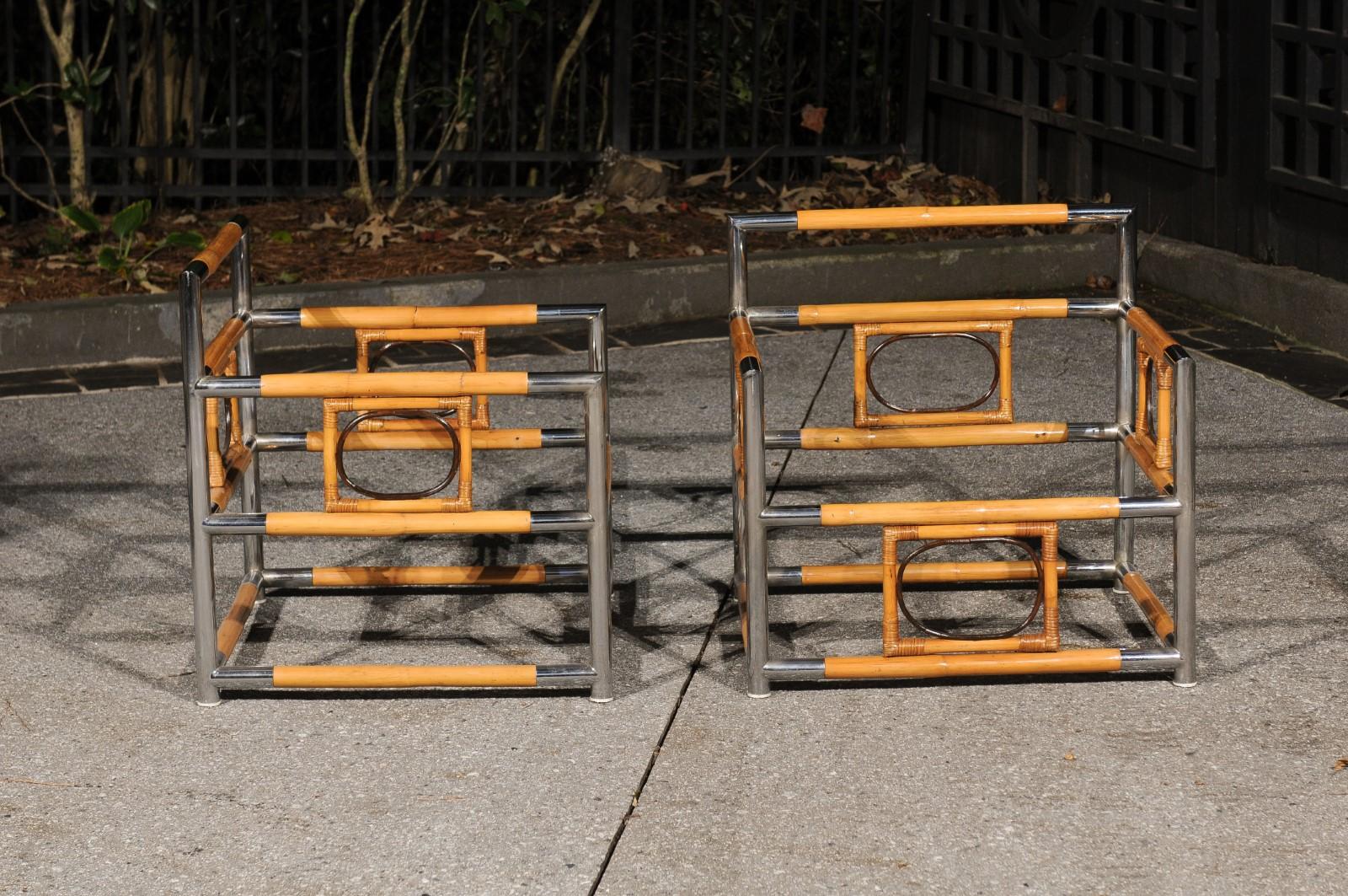 Spectacular Bamboo, Cane and Polished Steel Seating Set, Italy, circa 1970 In Excellent Condition For Sale In Atlanta, GA