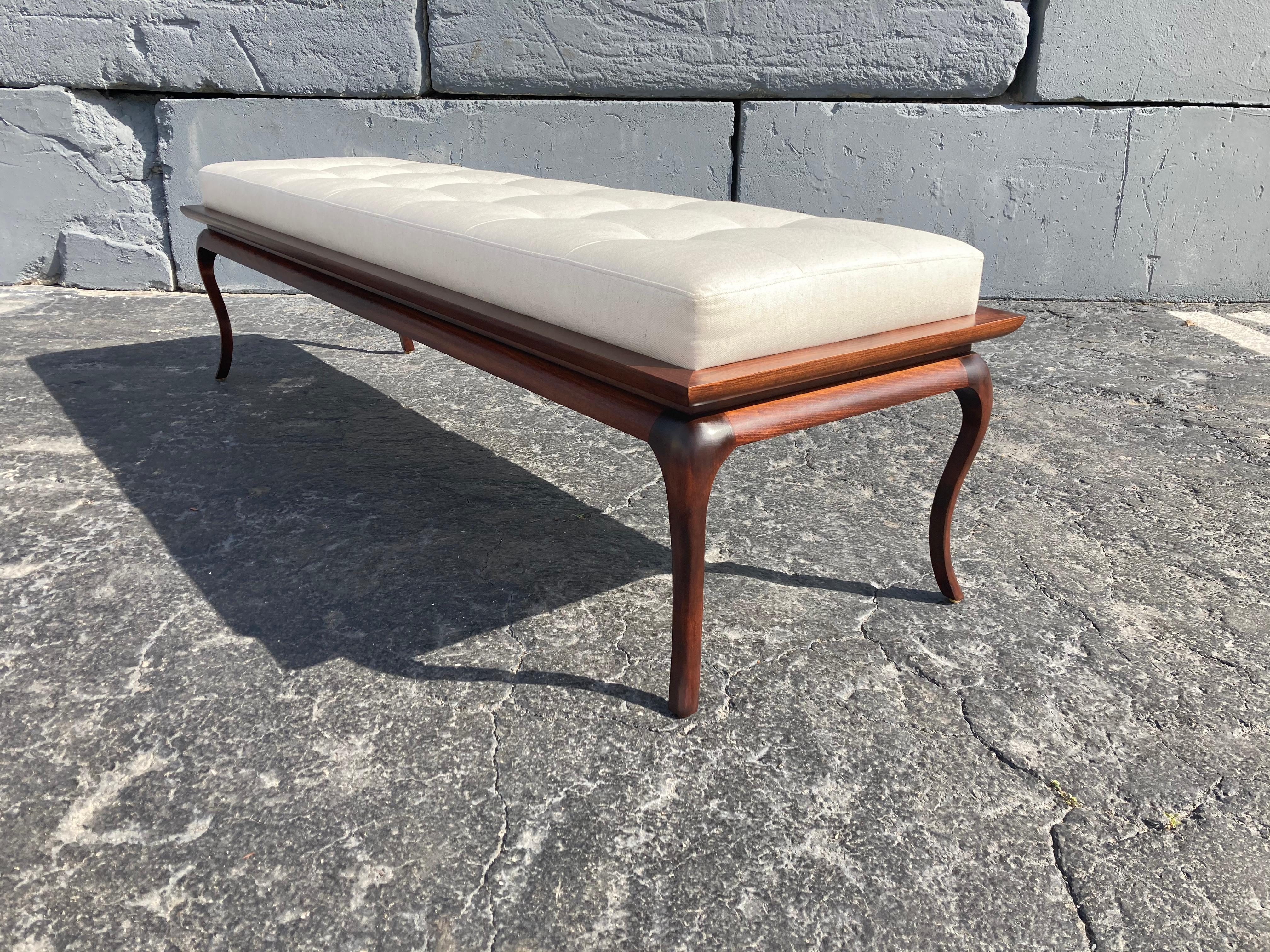 Spectacular Bench, Saber Leg, Fabric, Brown, in the style of Gibbings, 1950s For Sale 4